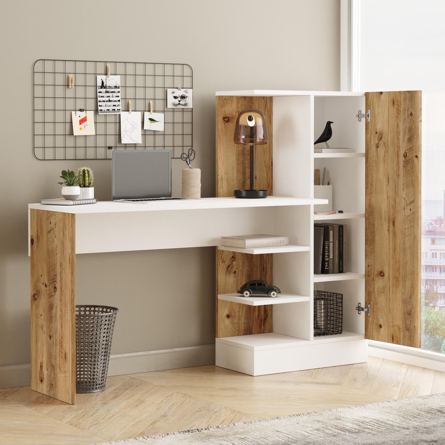 Gestalten Sie Ihr Home Office mit dem Ct2 Schreibtisch von Hanah Home. Modernes Design in Atlantischer Kiefer und Weiß für optimale Produktivität!