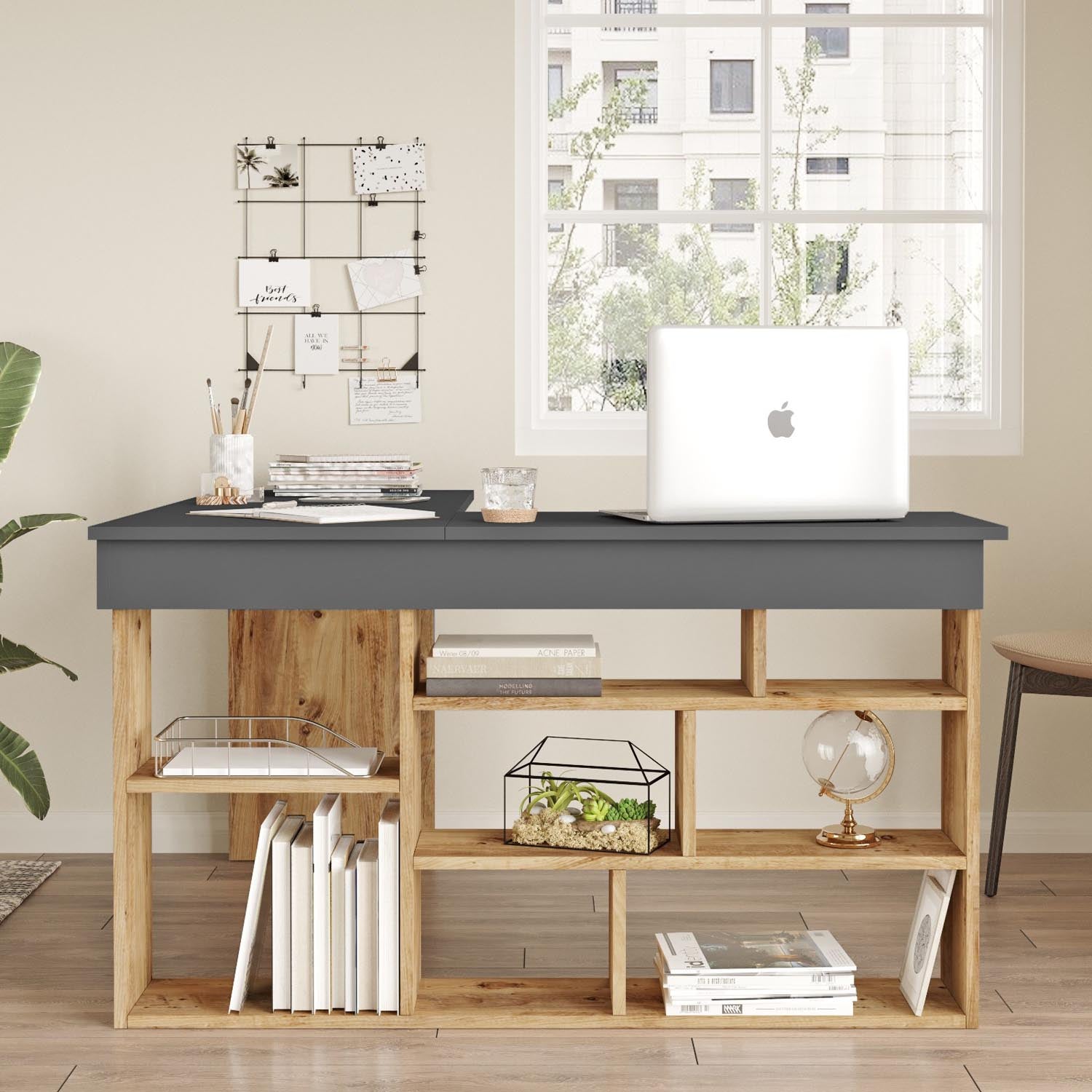 Gestalten Sie Ihr Home Office mit dem Ct5 Schreibtisch von Hanah Home. Atlantische Kiefer und Anthrazit vereinen Stil und Funktionalität.