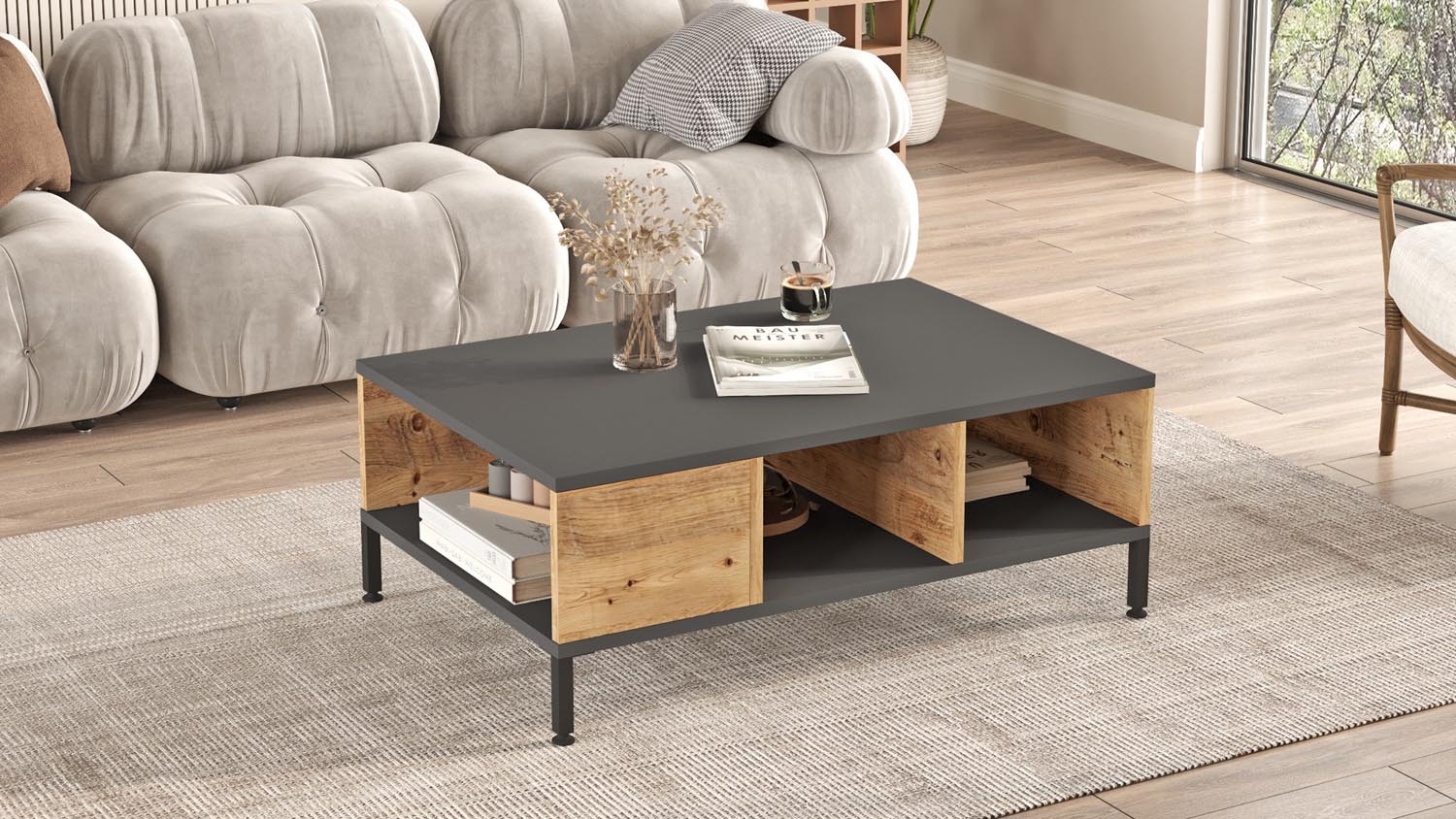 Entdecken Sie den Rl2 Sofatisch von Hanah Home: zeitlose Eleganz aus atlantischer Kiefer und stilvollem Anthrazit – ideal für Ihr Zuhause.