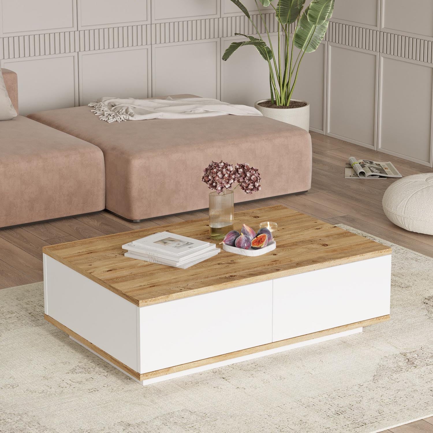 Entdecken Sie den stilvollen Fr14 Sofatisch in Atlantischer Kiefer Weiß von Hanah Home – die perfekte Kombination aus Eleganz und Funktionalität für Ihr Wohnzimmer.