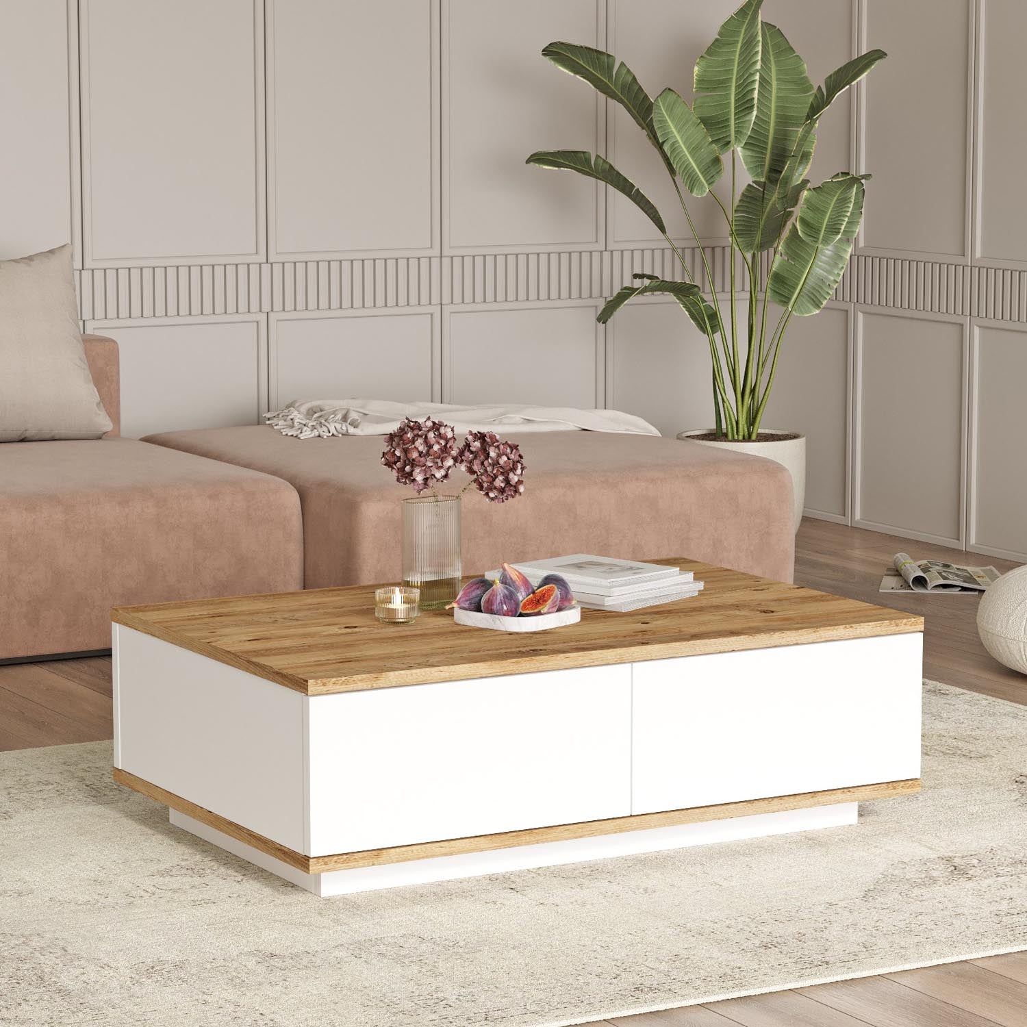 Erleben Sie den Fr14 Sofatisch von Hanah Home in Atlantischer Kiefer Weiß – ein elegantes Möbelstück, das Stil und Funktionalität vereint.