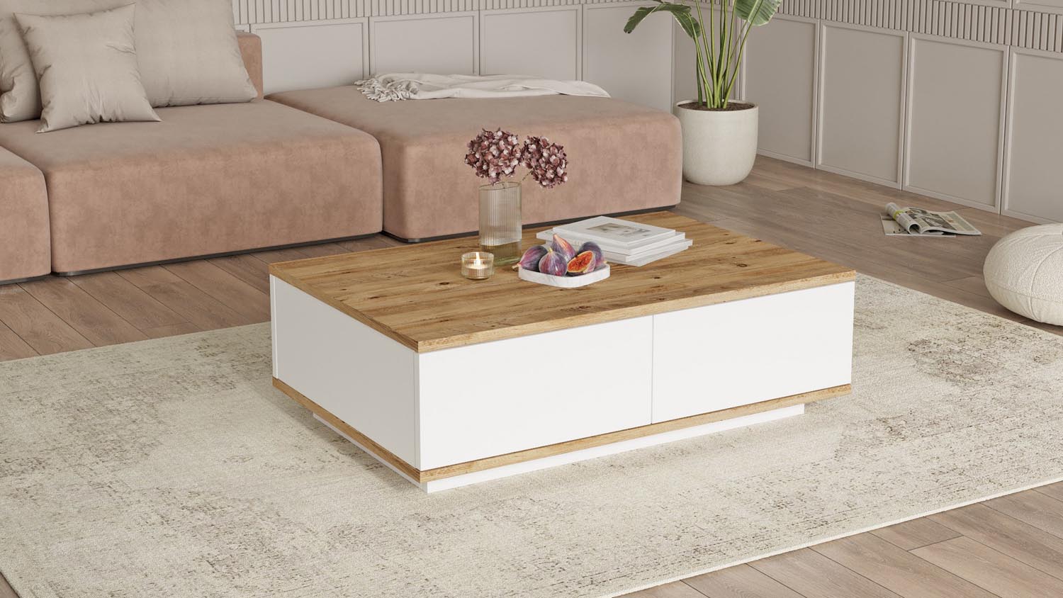 Entdecken Sie den Fr14 Sofatisch von Hanah Home in stilvollem Atlantischer Kiefer Weiß – der perfekte Couchtisch für Ihr modernes Wohnzimmer!