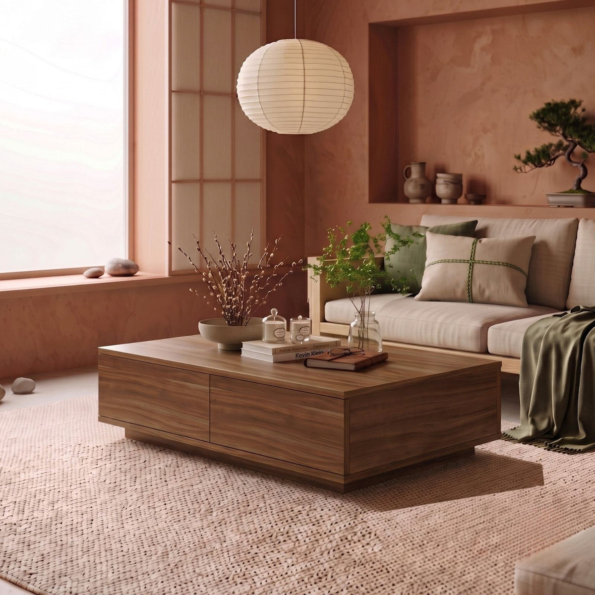 Couchtisch Ave14-Ce von Hanah Home in Nussbaumfarbe, rechteckige Form aus melaminbeschichteter Spanplatte, schlankes modernes Design.