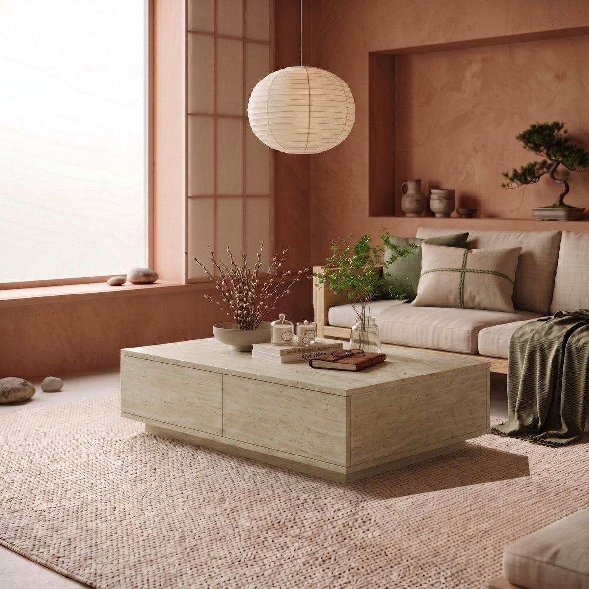 Couchtisch Ave14-T von Hanah Home in Travertin-Optik, rechteckige Form aus Melaminspanplatte, Masse 90 x 60 x 28,6 cm.