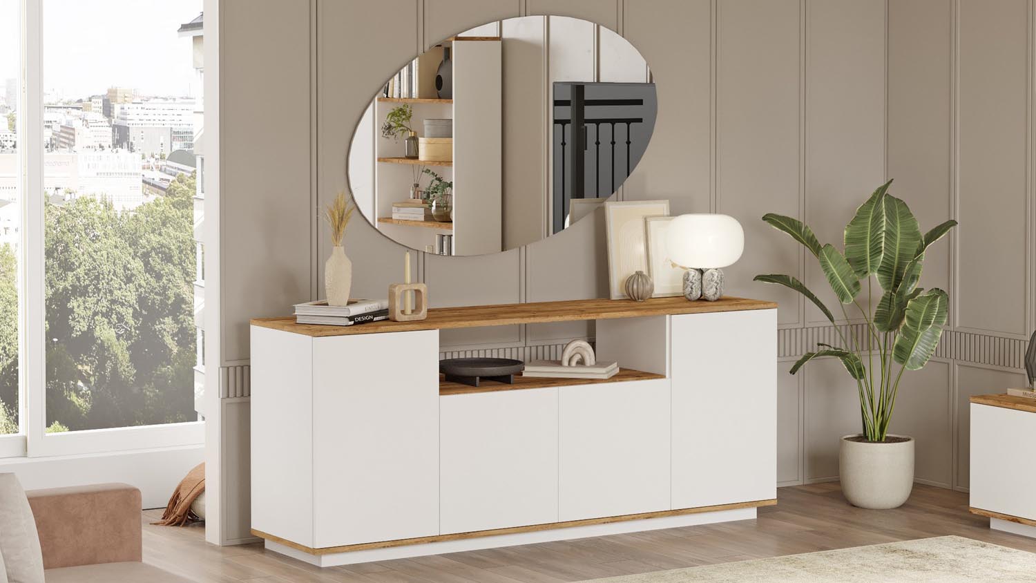 Entdecken Sie das Fr15 High-Sideboard von Hanah Home: Eleganz in Atlantischer Kiefer Weiß, das jedem Raum Stil und Charakter verleiht.