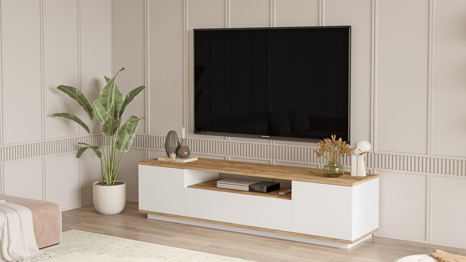 Verleihen Sie Ihrem Wohnraum mit dem Fr7 Sideboard von Hanah Home einen Hauch von Eleganz. Stilvolles Design in Atlantischer Kiefer und Weiß, ideal für Ordnung.