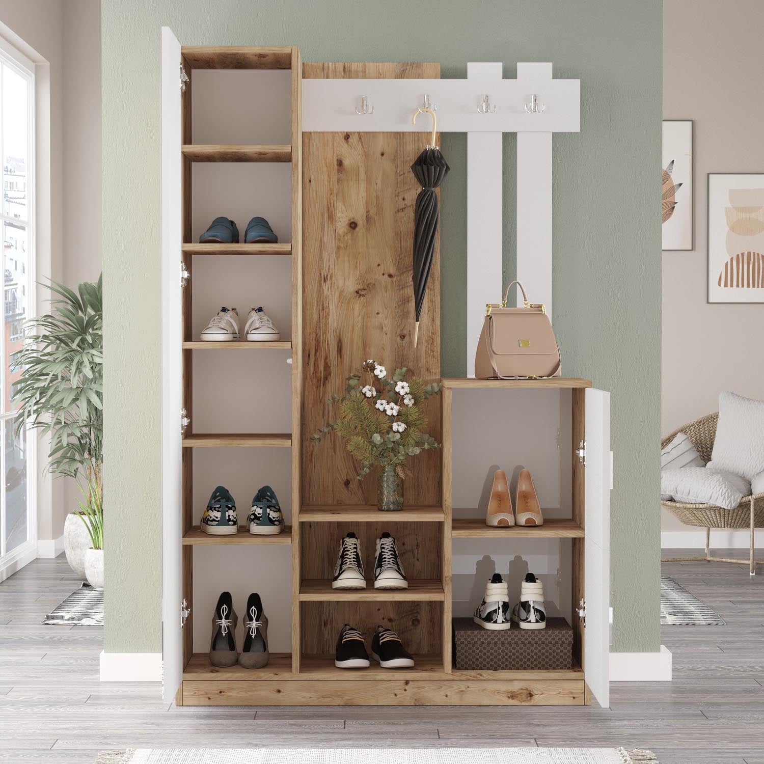 Verleihen Sie Ihrem Flur mit der Dd7 Garderobe von Hanah Home in atlantischer Kiefer und Weiß einen modernen Look – stilvoll und funktional!