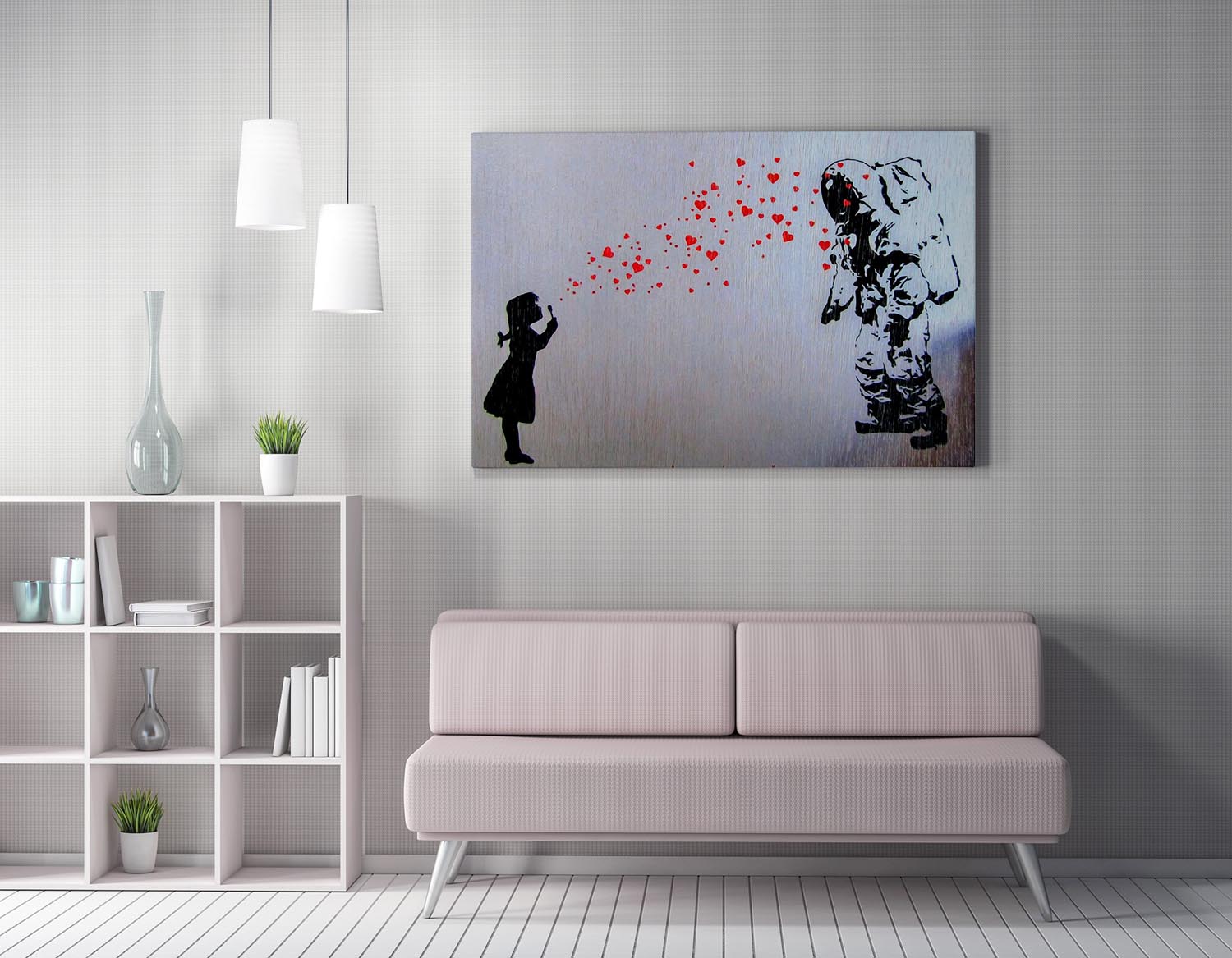 Verleihen Sie Ihrem Raum mit dem gerahmten Leinwandbild WY05 (50 x 70) von Wallity einen kreativen Akzent. Banksys fesselnde Kunst inspiriert und begeistert!