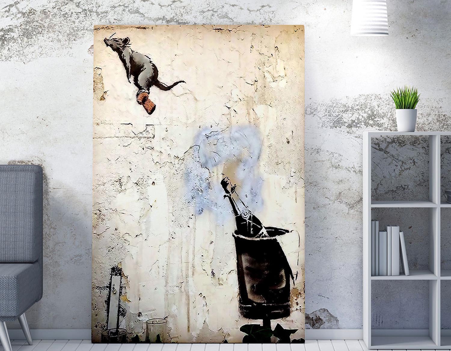 Entdecken Sie das beeindruckende gerahmte Leinwandbild WY117 (50 x 70) von Wallity. Bringen Sie mit Banksys Kunst Farbe und Inspiration in Ihr Zuhause!