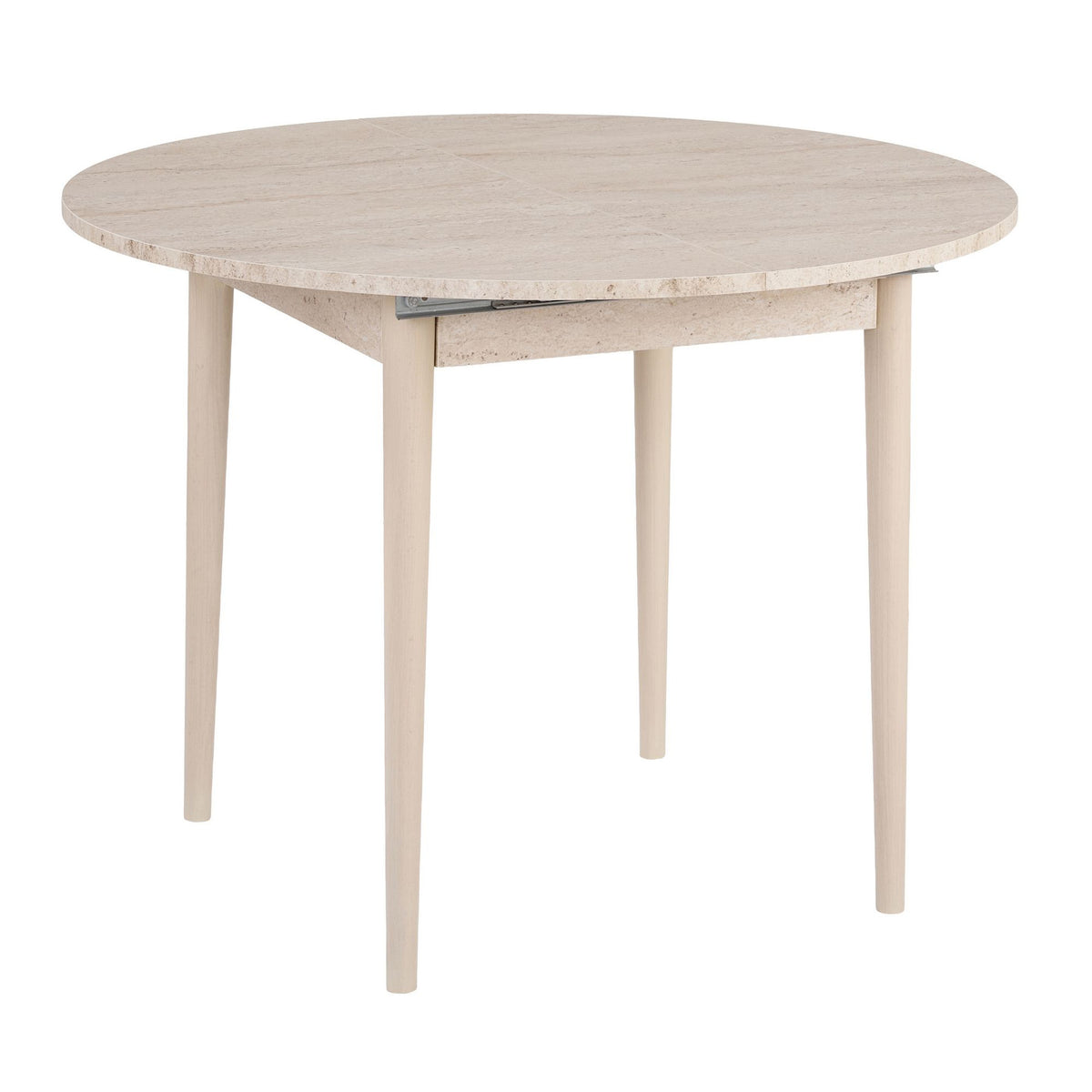 Ausziehbarer Esstisch mit heller Travertin-Optik Tischplatte und Holzbeinen in Eiche, rechteckige Form, skandinavisches Design.