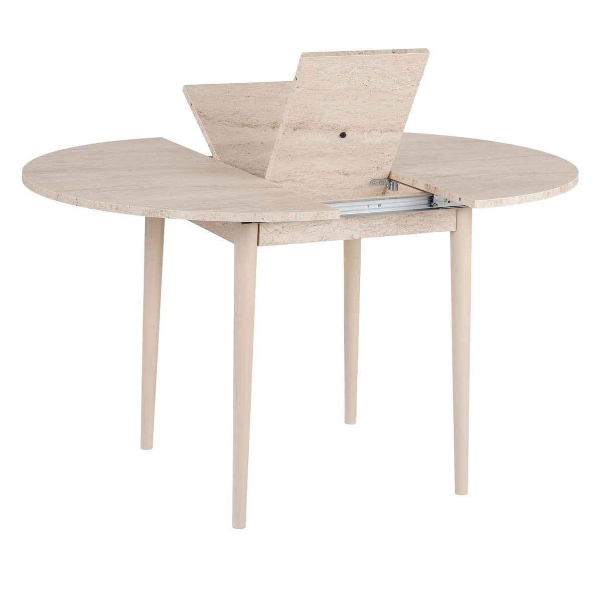 Ausziehbarer Esstisch mit heller Travertin-Optik Tischplatte und Holzbeinen in Eiche, rechteckige Form, skandinavisches Design.