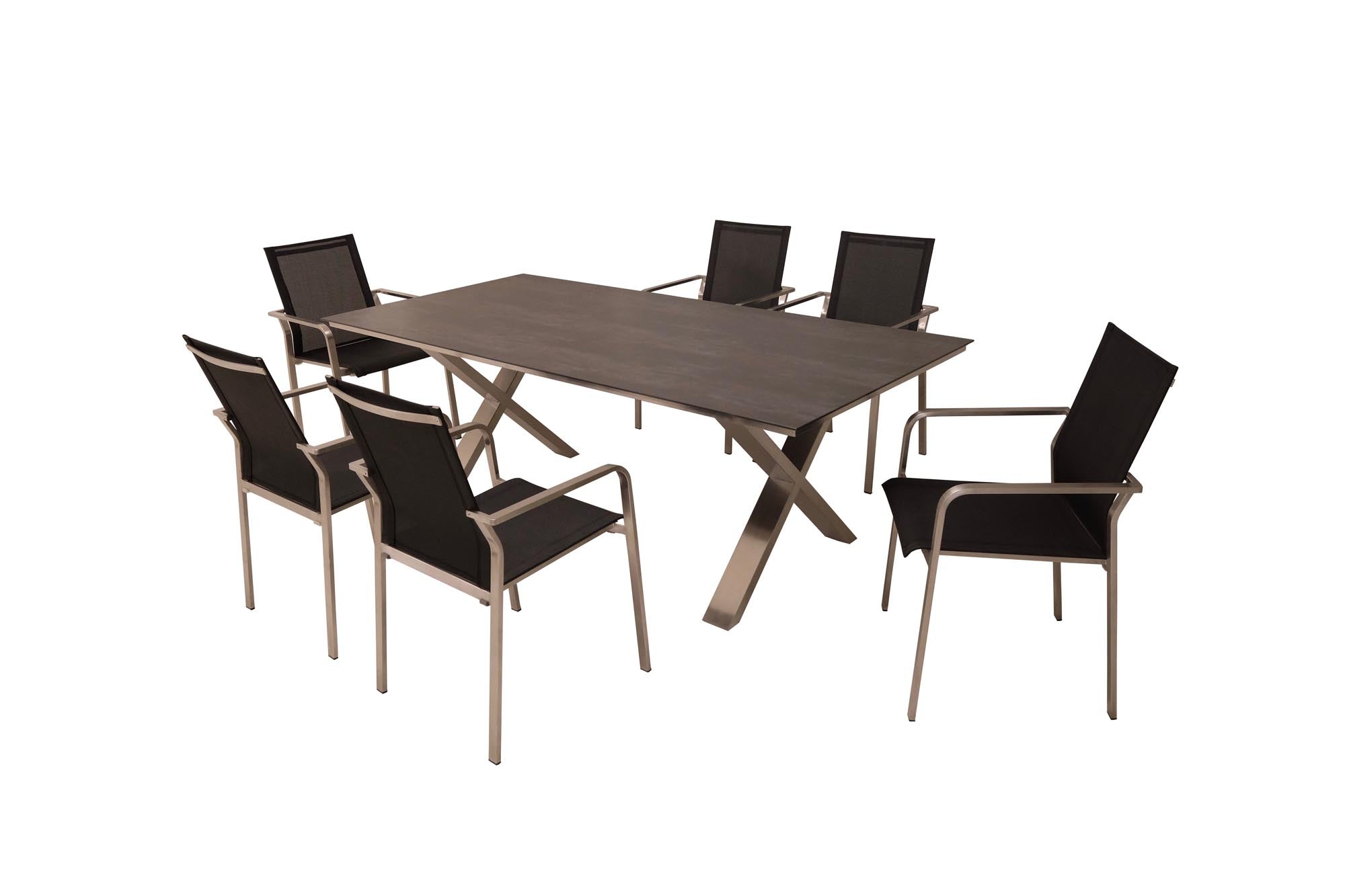 Eleganter Gartentisch Monaco in Anthrazit, 210x100 cm, mit stabiler Edelstahl X-Form, ideal für stilvolle Outdoor-Bereiche.