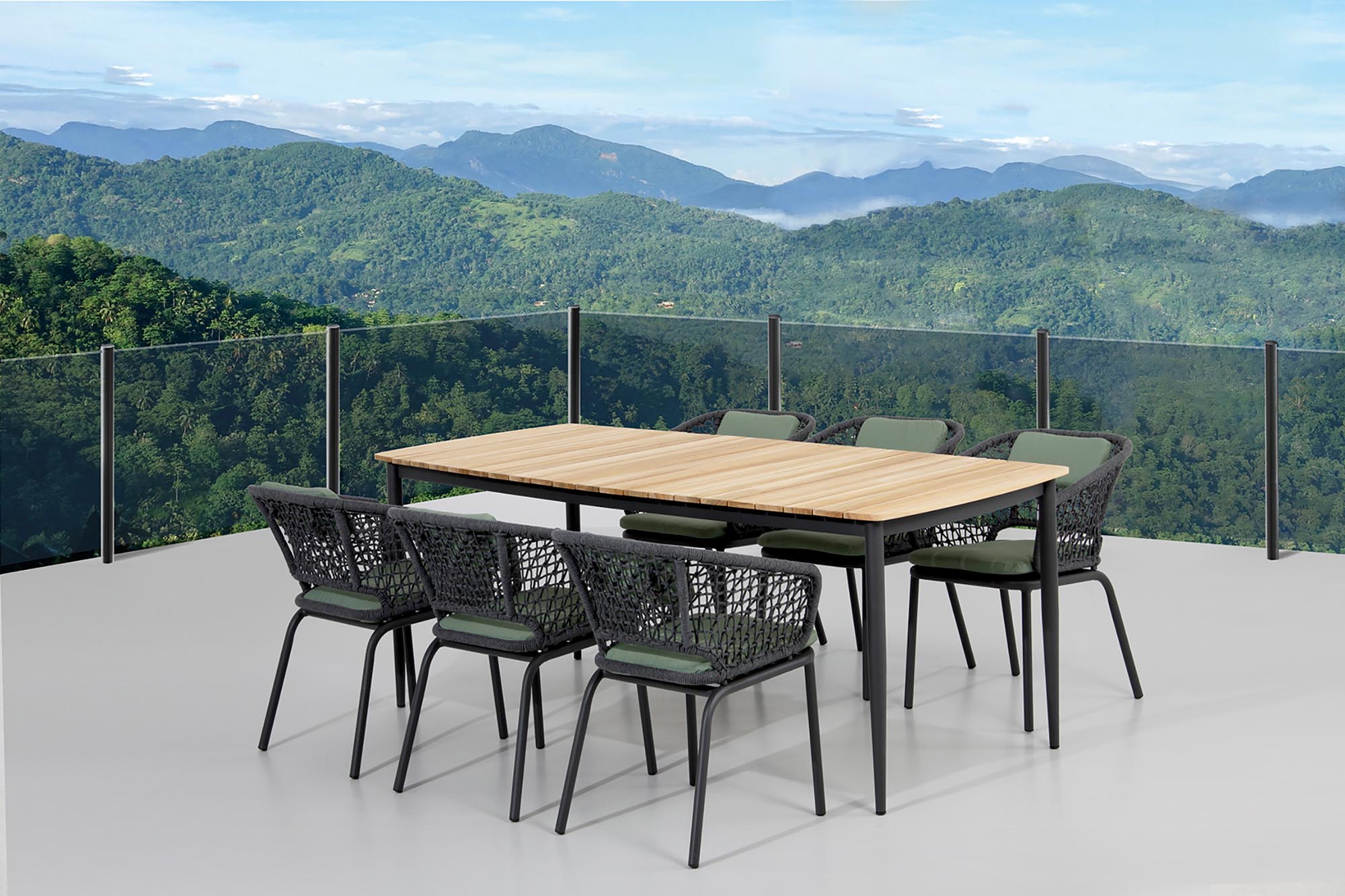 Moderner Gartentisch Elena mit robustem grauen Alugestell, perfekt für entspannte Stunden im Freien, Maße 220x100x74 cm.