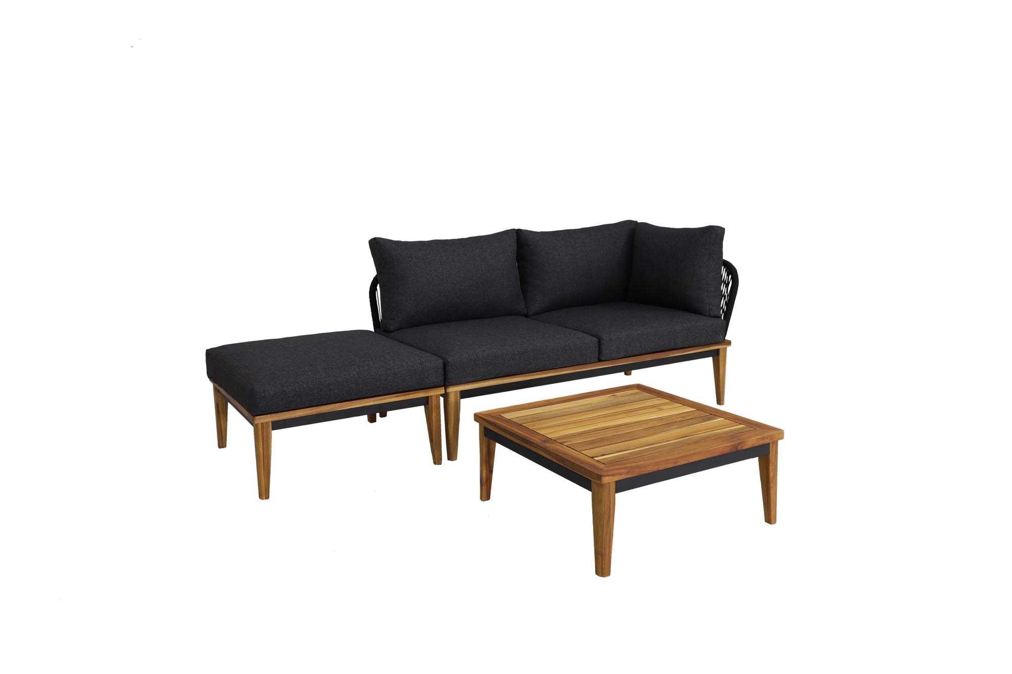 Moderne Gartenlounge Bellinzona, bestehend aus einem eleganten 2er Sofa und passendem Hocker, ideal für entspannte Stunden im Freien.