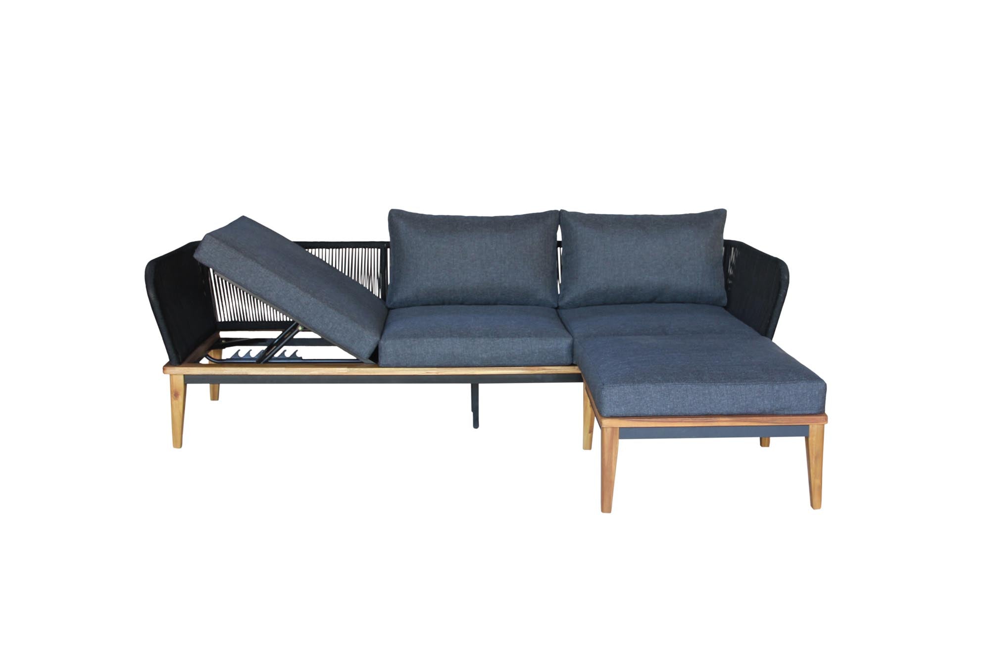Moderne Gartenlounge Bellinzona in Teak-Optik, bestehend aus einem 3er-Sofa und Hocker, ideal für entspannte Stunden im Freien.