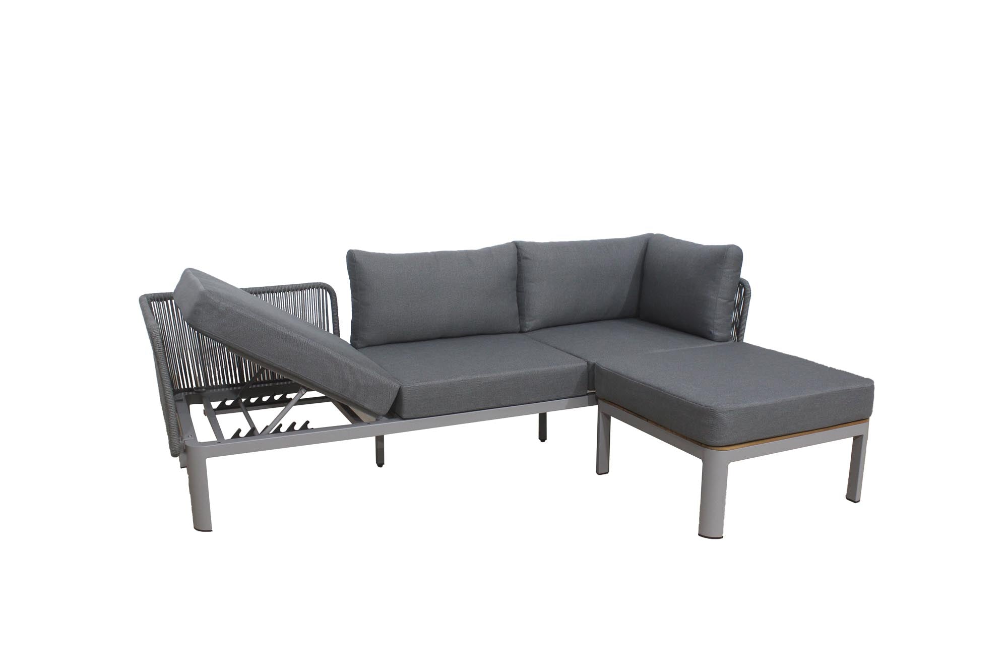 Moderne Loungegruppe Madrid mit stilvollem 3er Sofa und robustem Akazienholz-Couchtisch, perfekt für gemütliche Outdoor-Entspannung.