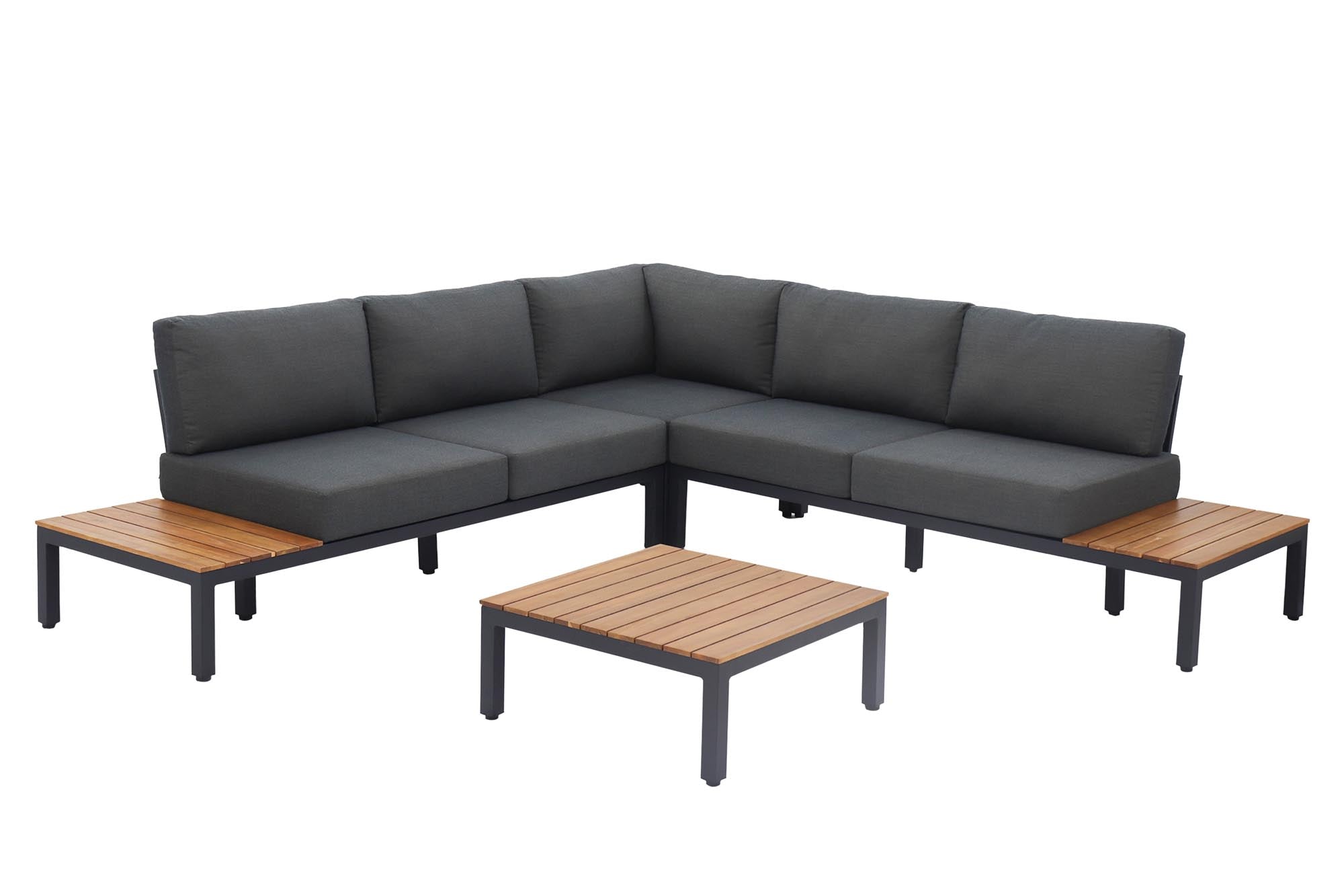 Elegante Gartenlounge Mendrisio mit schwarzem Alugestell und Akazienholz, ideal für entspannte Stunden im Freien.
