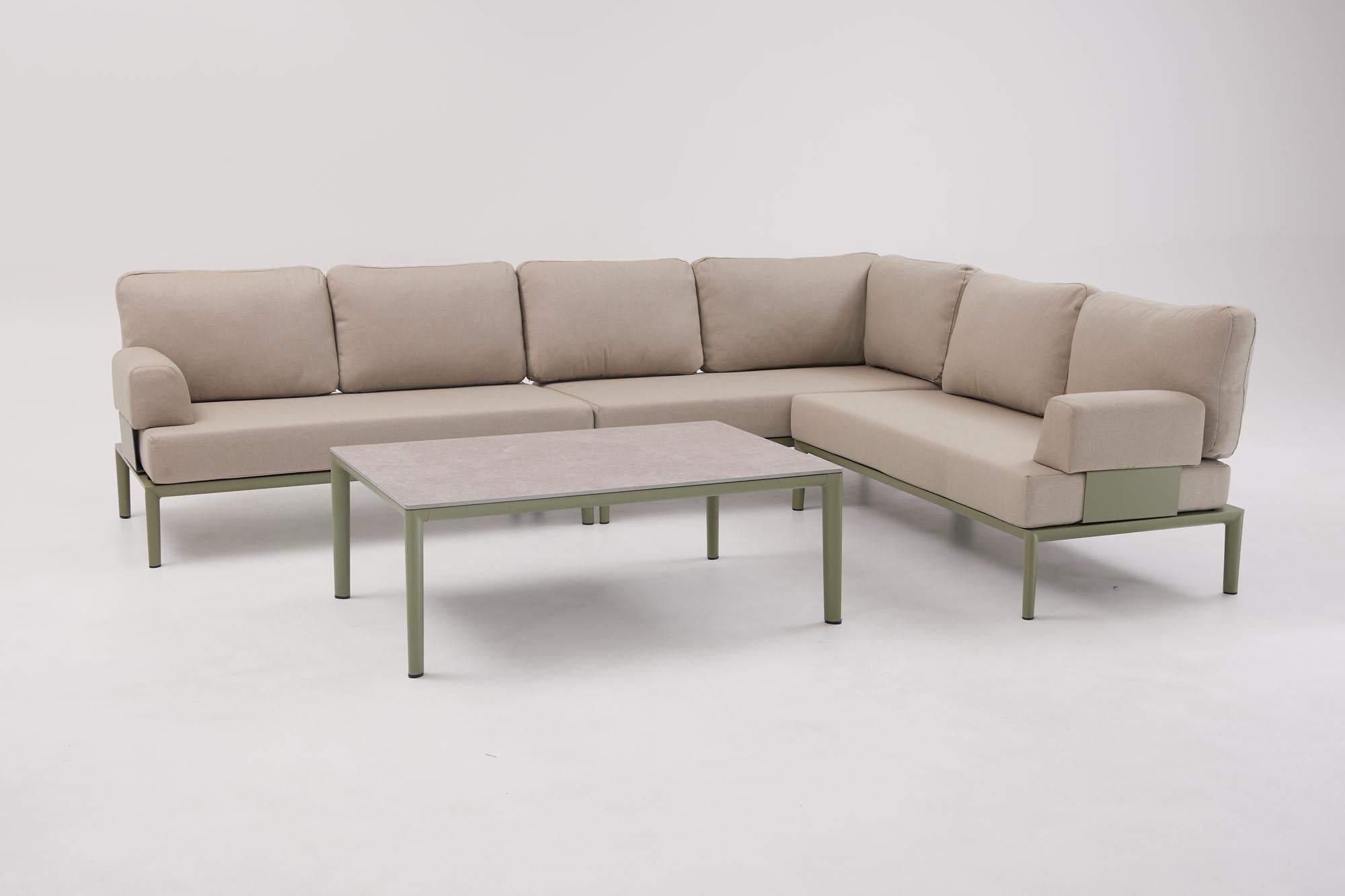 Stylisches Gartensofa für zwei mit praktischer Ecke in trendigem Oliv-Grün, ideal für entspannte Momente im Garten oder auf der Terrasse.