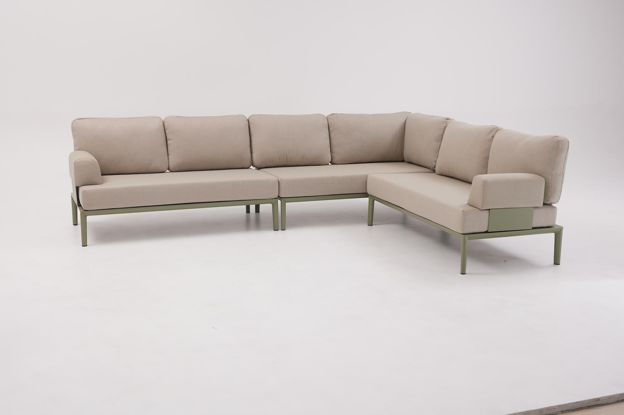 Modernes 2-Sitzer Gartensofa ohne Armlehnen in ansprechendem Oliv-Grün, perfekt für gemütliche Momente im Garten oder auf der Terrasse.
