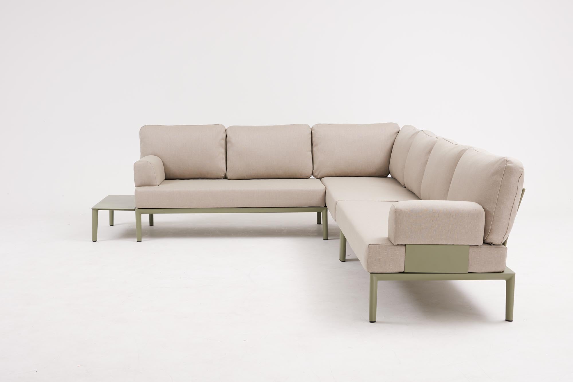 Stylisches 2-Sitzer Lounge Sofa ohne Armlehnen in elegantem Oliv-Grün, ideal für entspannte Stunden im Freien.