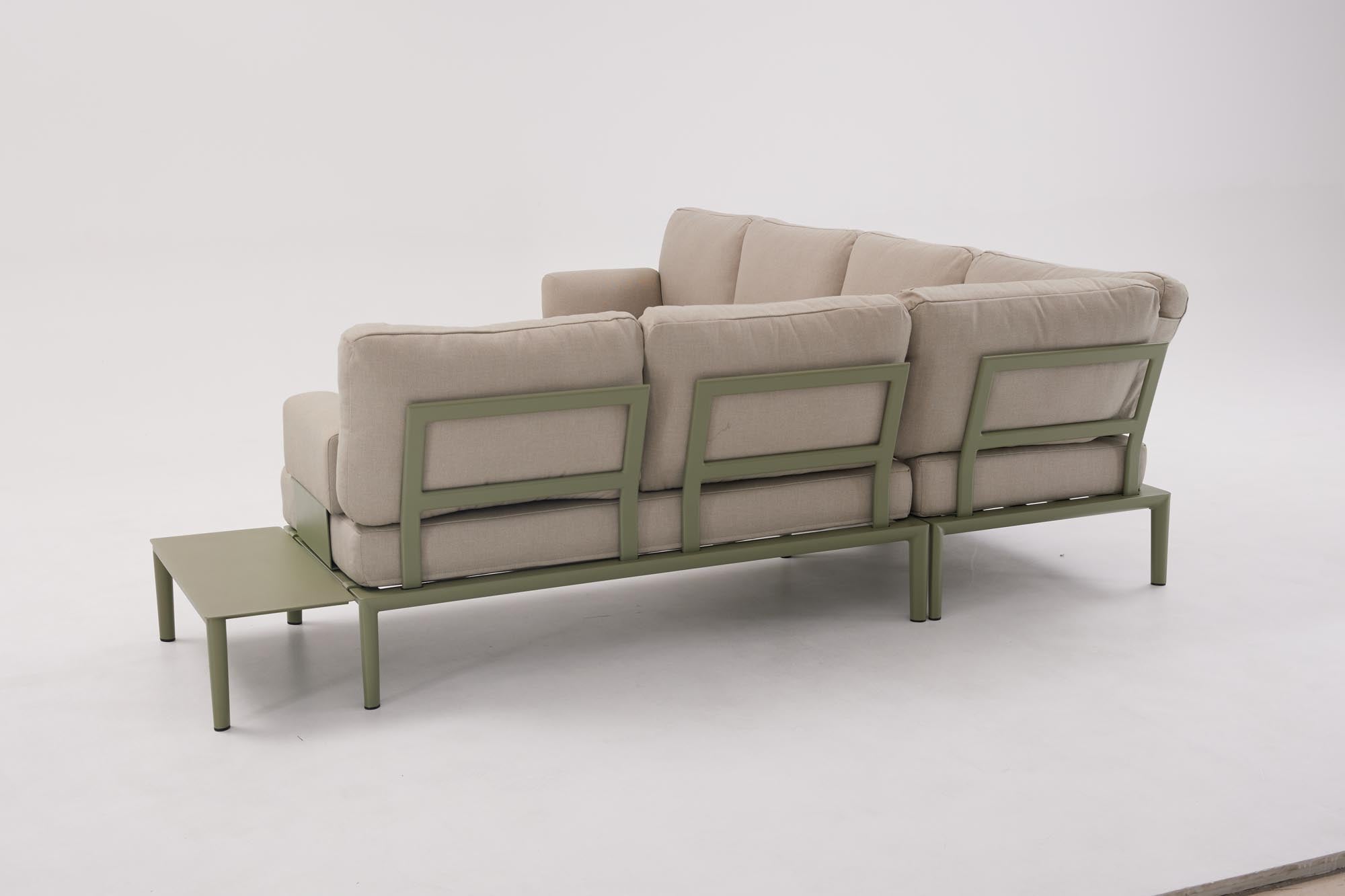 Modernes 2-Sitzer Gartensofa ohne Armlehnen in trendigem Oliv-Grün, perfekt für gemütliche Momente im Garten oder auf der Terrasse.