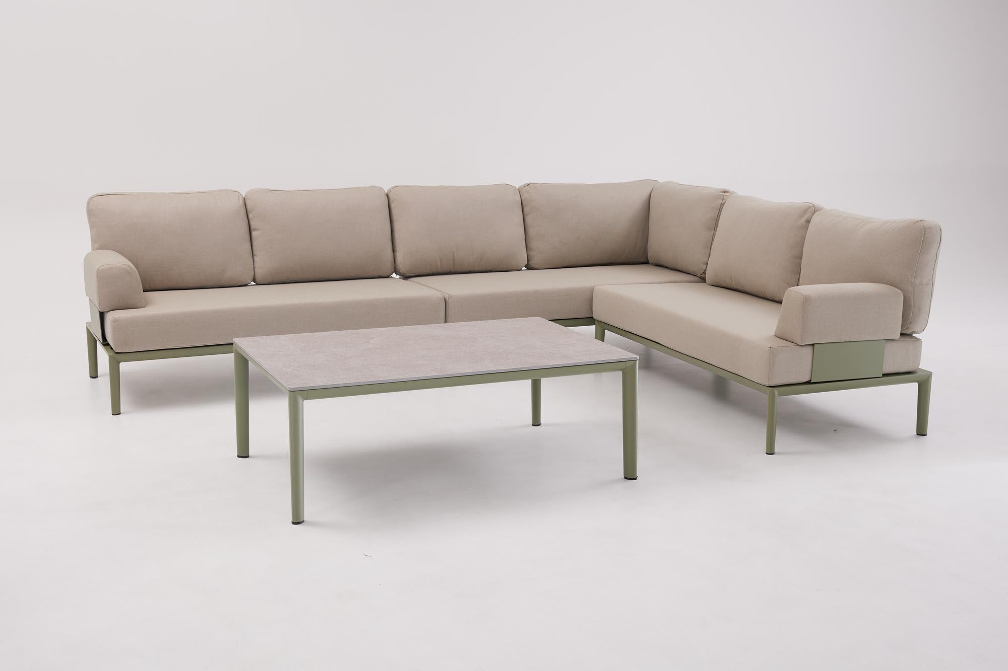 Elegantes 2-Sitzer Lounge Sofa ohne Armlehnen in stilvollem Oliv-Grün, ideal für entspannte Stunden im Freien.