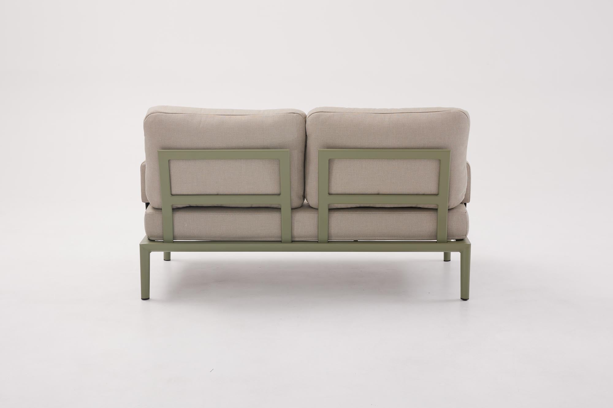 Elegantes 2-Sitzer Lounge Sofa ohne Armlehnen in modernem Oliv-Grün, perfekt für gemütliche Stunden im Garten oder auf der Terrasse.