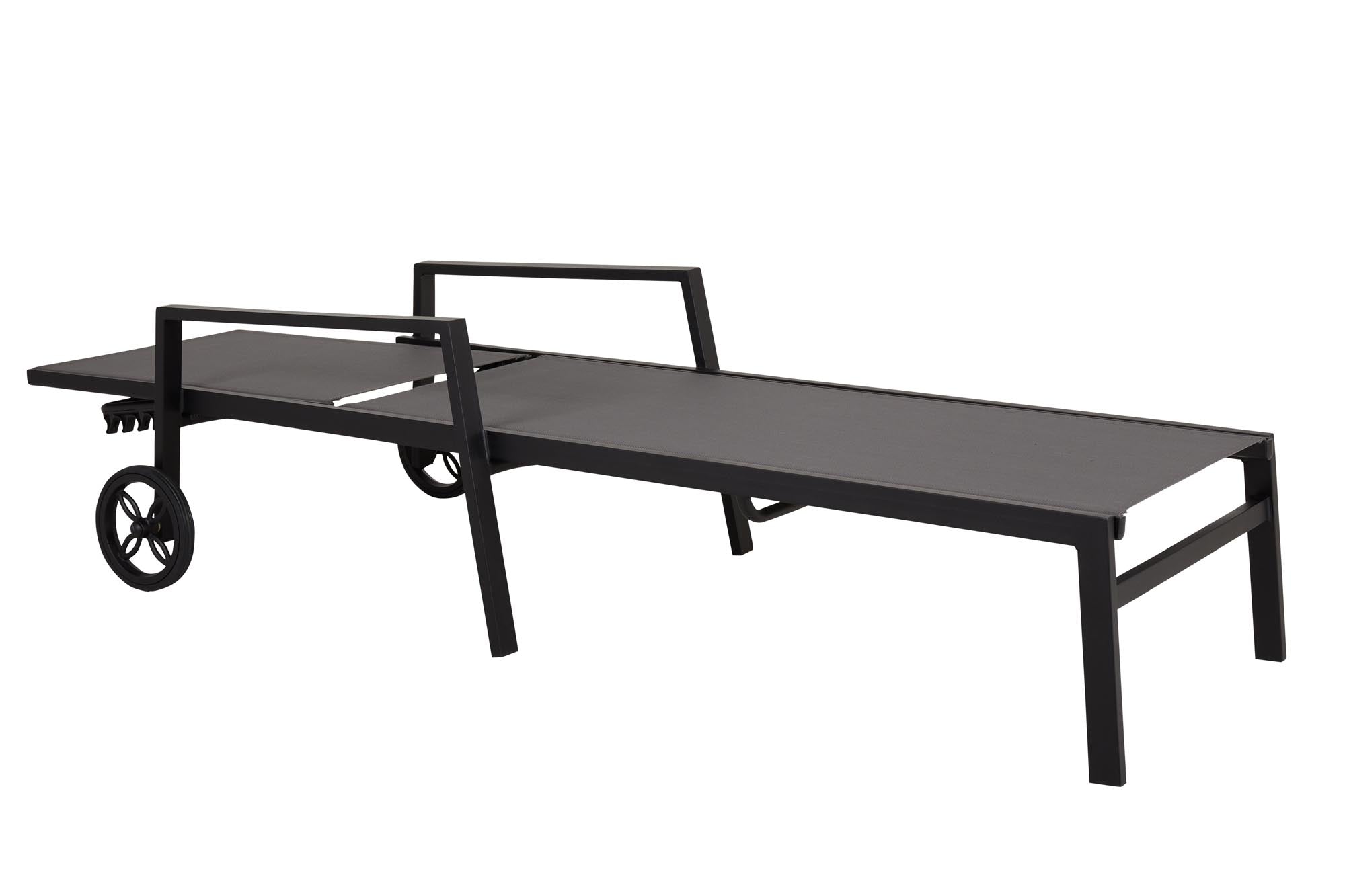 Elegante Sonnenliege Leone mit praktischen Rädern in Schwarz/Grau, ideal für entspannte Stunden im Garten oder auf der Terrasse.