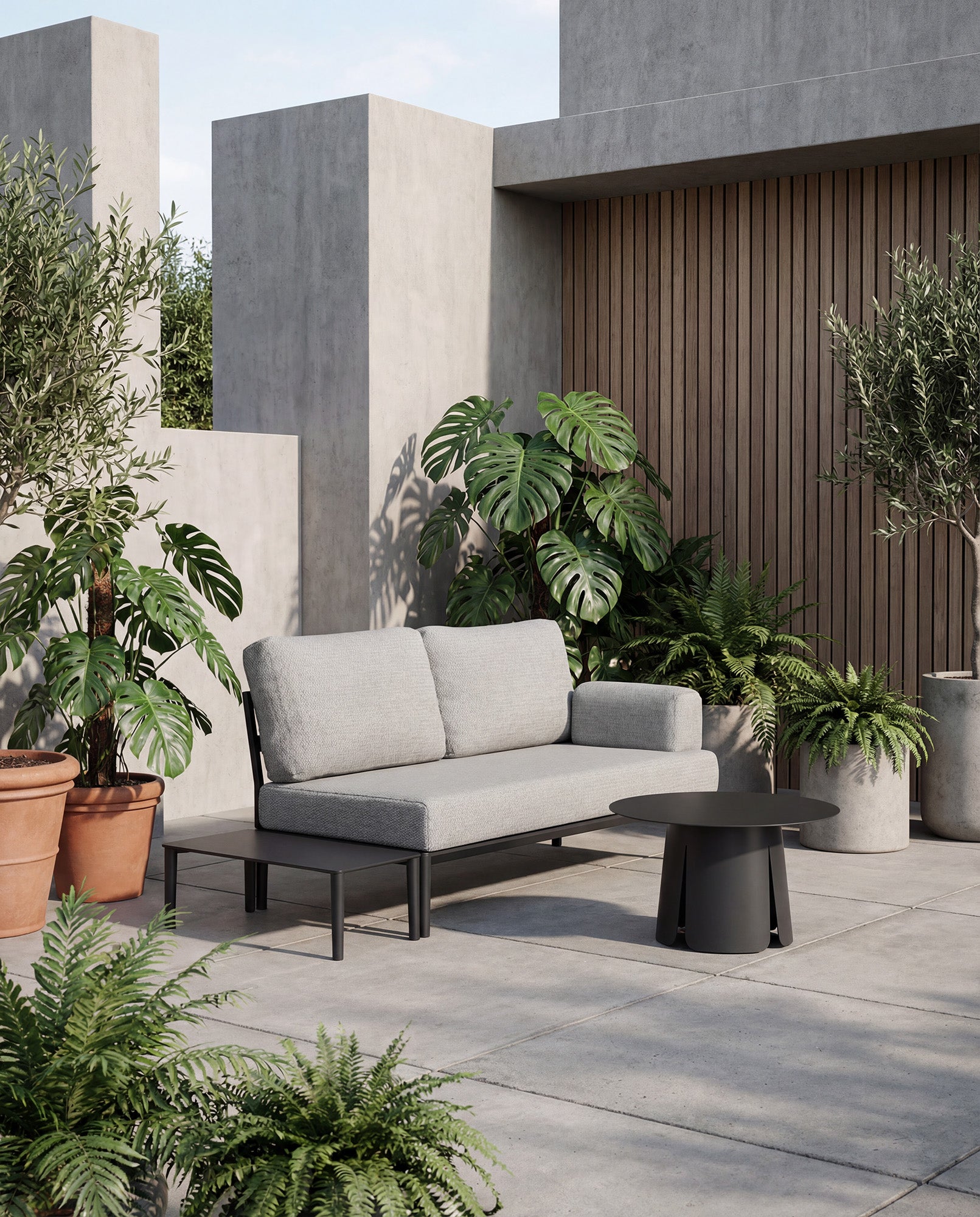 Stylisches modulares Loungeset Fiore für den Garten, bestehend aus einem eleganten 2-Sitzer in modernem Anthrazit, ideal für entspannte Stunden im Freien.