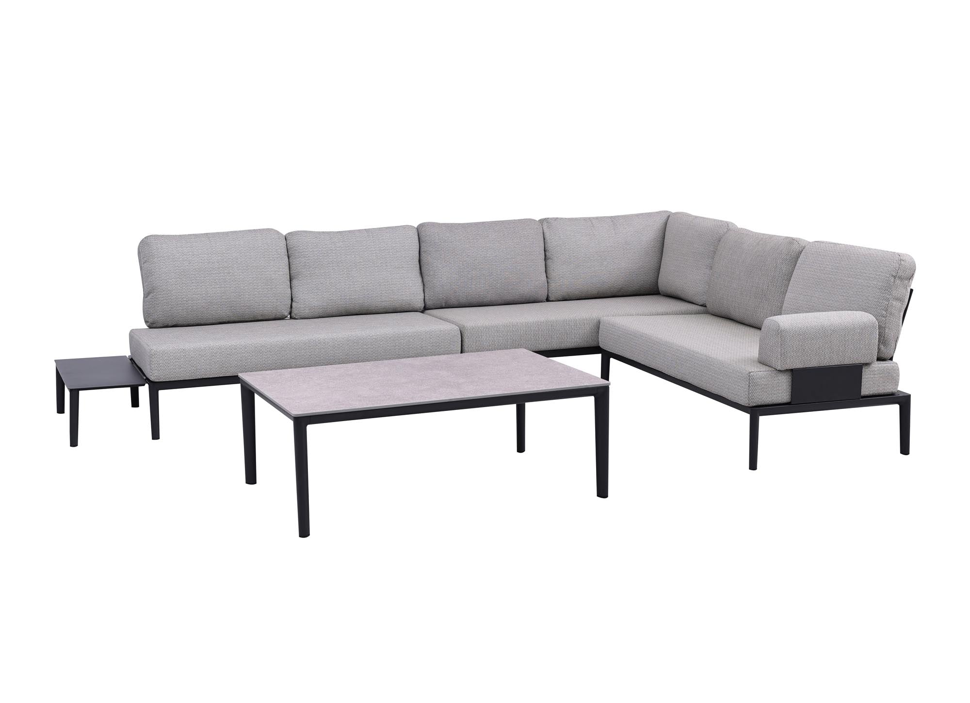 Elegantes Garten-Loungeset Fiore für bis zu 6 Personen, perfekt für gesellige Abende im Freien, mit einem stilvollen Beistelltisch in Anthrazit.