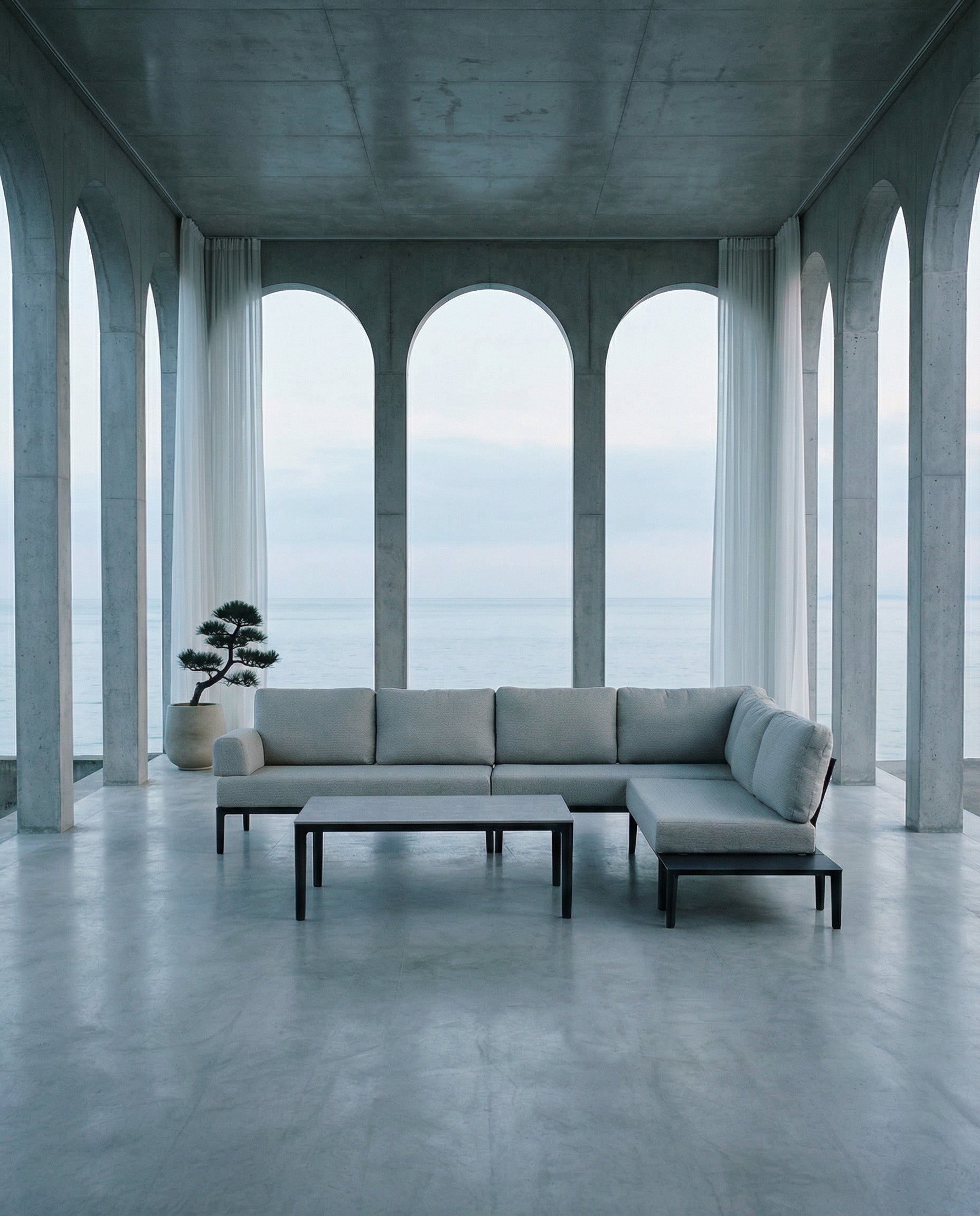 Elegantes modulares Loungeset Fiore für 6 Personen in Oliv-Grün, ideal für entspannte Stunden im Garten, inklusive stilvollem Loungetisch.