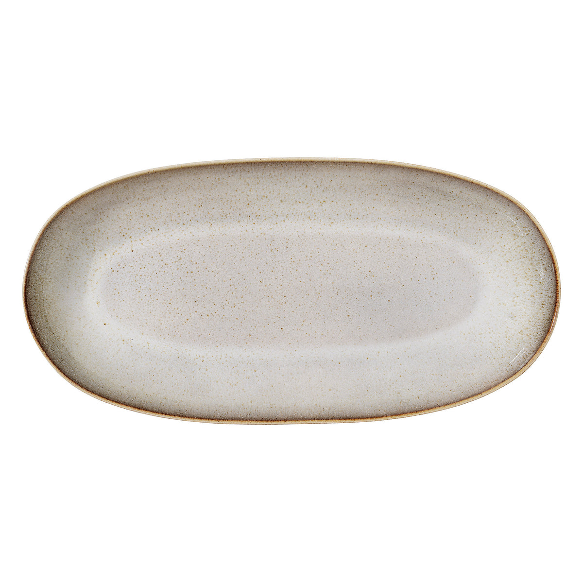 Beige Servierplatte aus Steingut der Serie Sandrine von Bloomingville mit ungleichmässigen Kanten und reaktiver Glasur, oval geformt