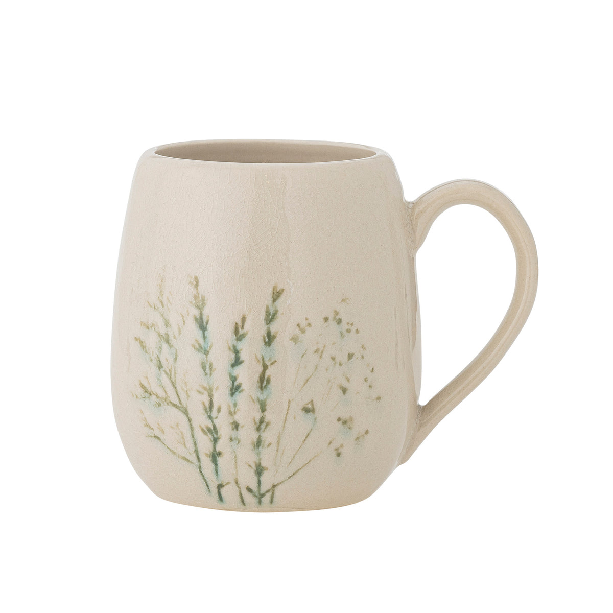 Weisse Tasse Bea aus Steingut mit zartem Blumenmuster und feiner Krakeleeglasur