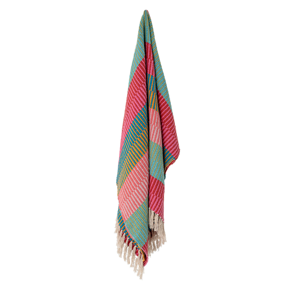 Bunte Wolldecke Isnel von Creative Collection aus Mischfasern, geflochtene Oberfläche, garngefärbtes Muster im Boho Chic Stil, 160x130 cm.