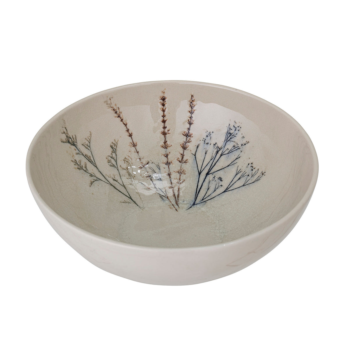 Weisse Steingutschale Bea von Bloomingville mit handgestempeltem Blumenmuster und Krakeleeglasur, rund, Durchmesser 30.5 cm