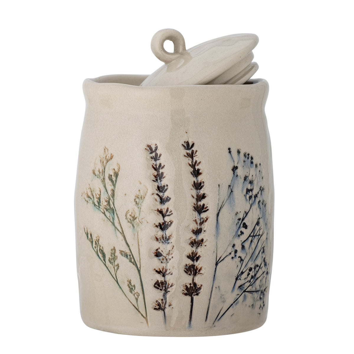 Weisses Gefäss mit Deckel aus Steingut, Marke Bloomingville, mit Krakeleeglasur und handbemaltem Blumenmuster, Form einer Kanne