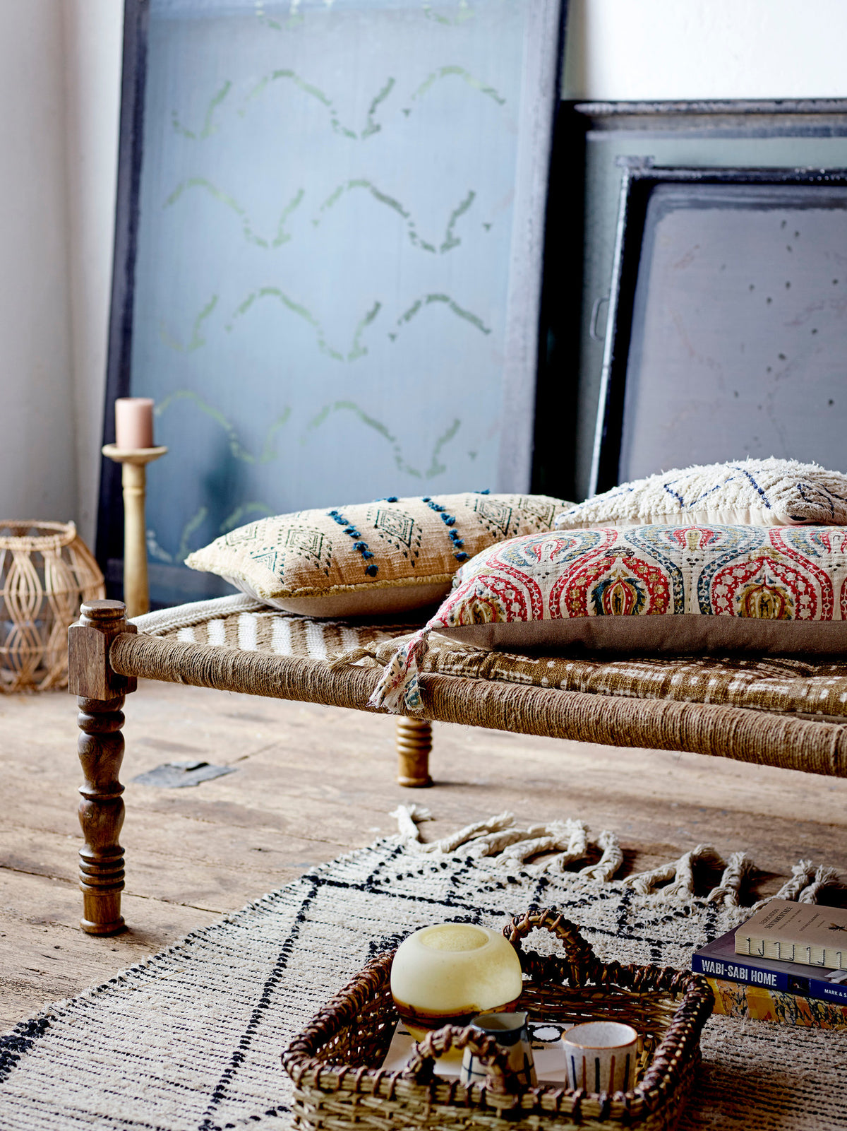 Beiger Yuki Teppich aus Baumwolle, Polyester und Rayon mit gewebtem Muster, rechteckige Form, Creative Collection, Boho-Chic-Stil