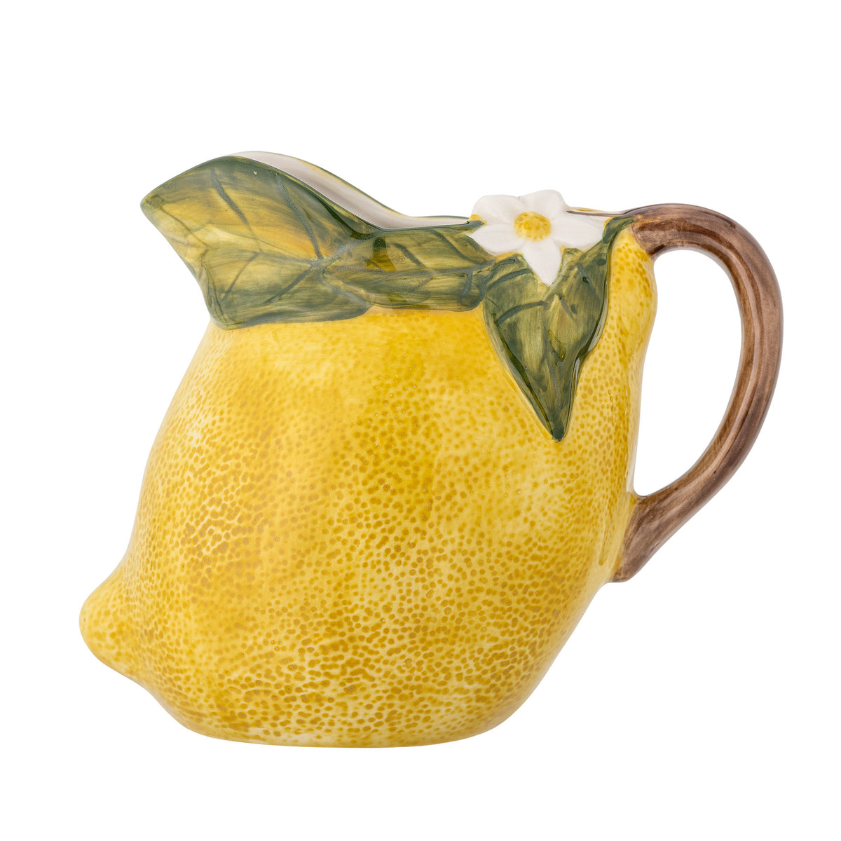 Gelber Krug aus Steingut der Serie Limone von Creative Collection, mit handdekorierter Oberfläche und leicht gewölbter Kannenform.