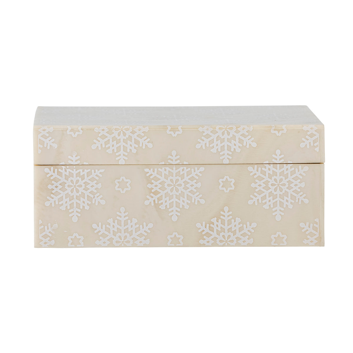 Weisse Aufbewahrungsbox Cheri mit Deckel von Bloomingville aus Harz und MDF, verziert mit hellem Schneeflocken-Muster, kompakte Form.