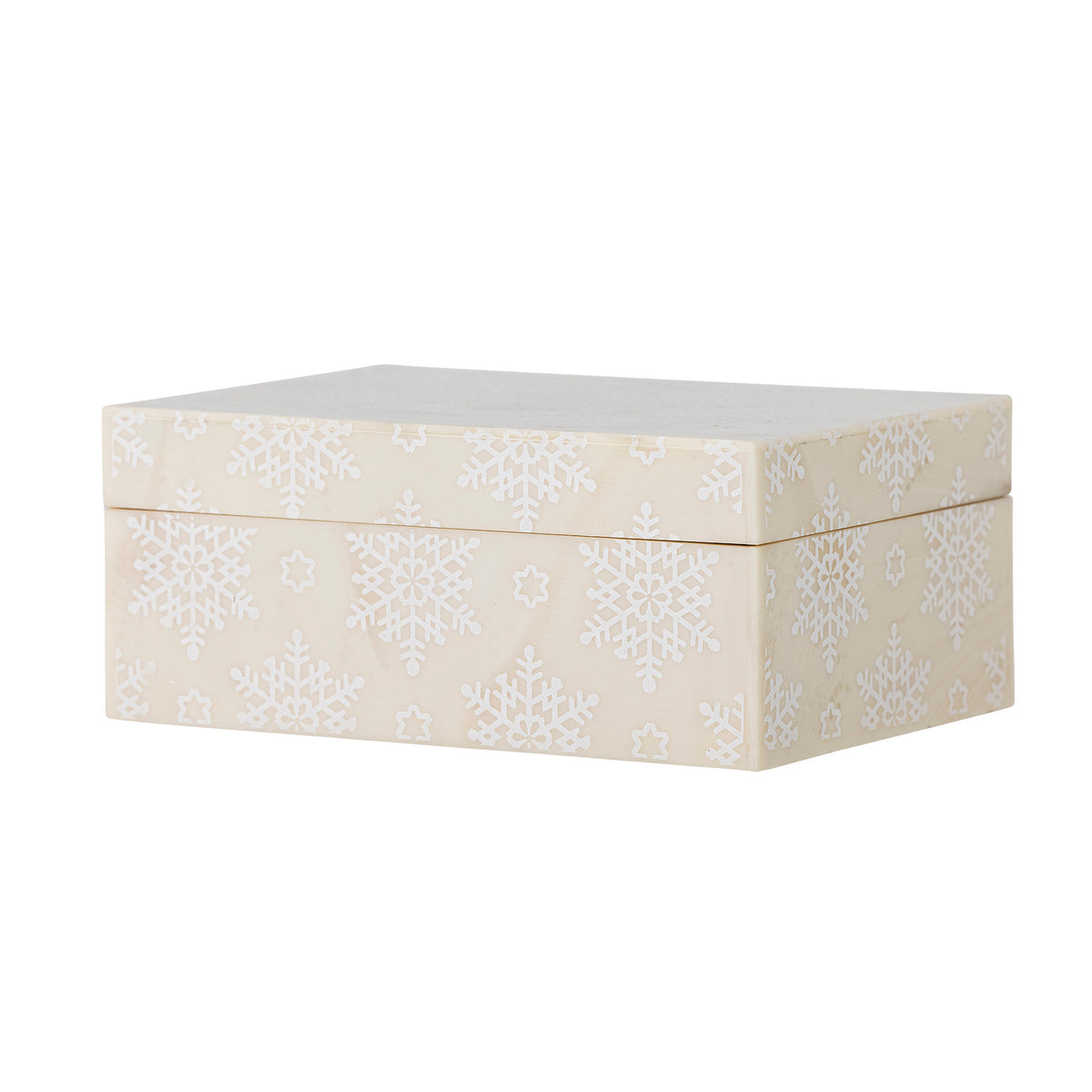 Weisse Aufbewahrungsbox Cheri mit Deckel von Bloomingville aus Harz und MDF, verziert mit hellem Schneeflocken-Muster, kompakte Form.