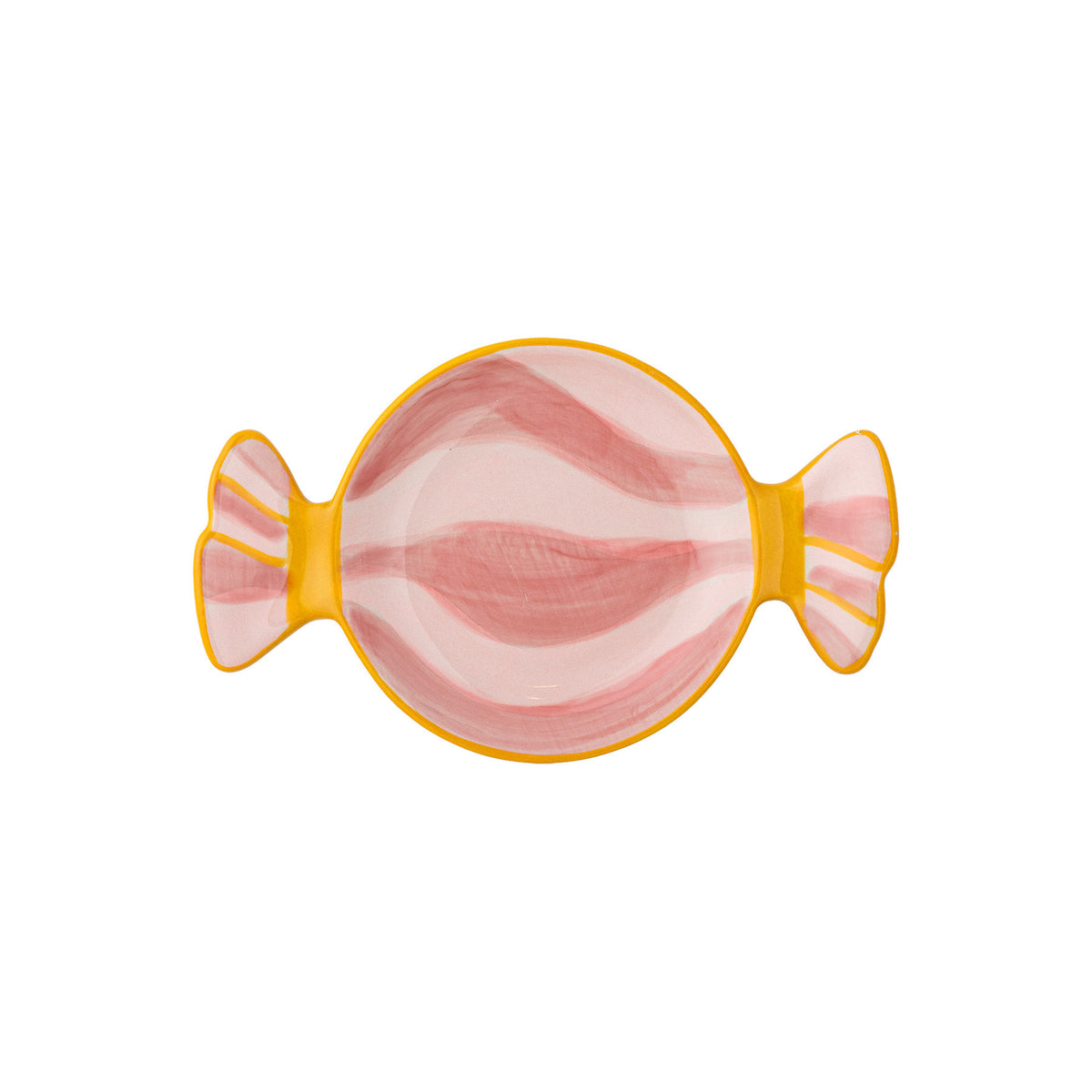 Servierplatte Caramella aus Steingut in Rose, geformt wie ein Karamell, mit handbemaltem Dekor