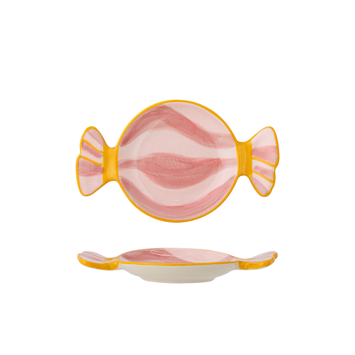 Servierplatte Caramella aus Steingut in Rose, geformt wie ein Karamell, mit handbemaltem Dekor