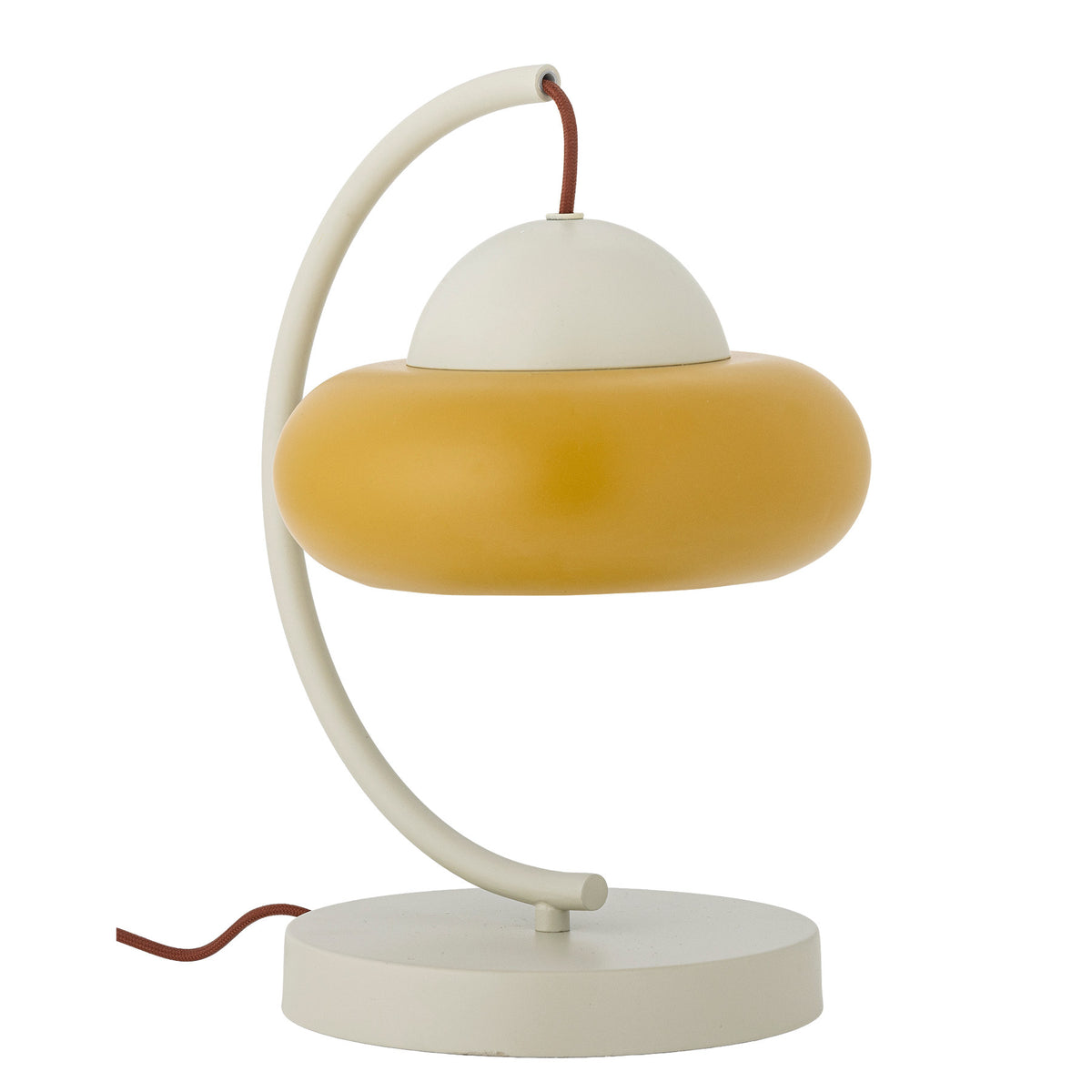 Weisse Bubble Tischlampe aus Eisen von Bloomingville mit geschwungenem Arm und rundem Lampenschirm, braunes Kabel sichtbar, skulpturale Form
