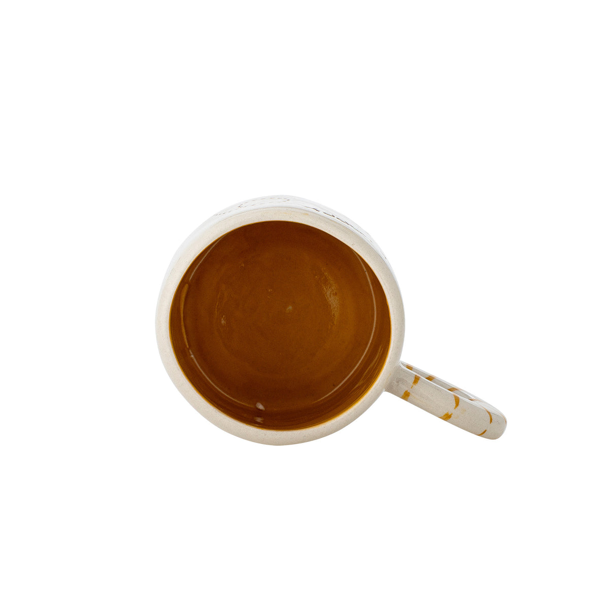 Weisse Cloudy Tasse aus Steingut mit Regenbogen als Griff und Schriftzug