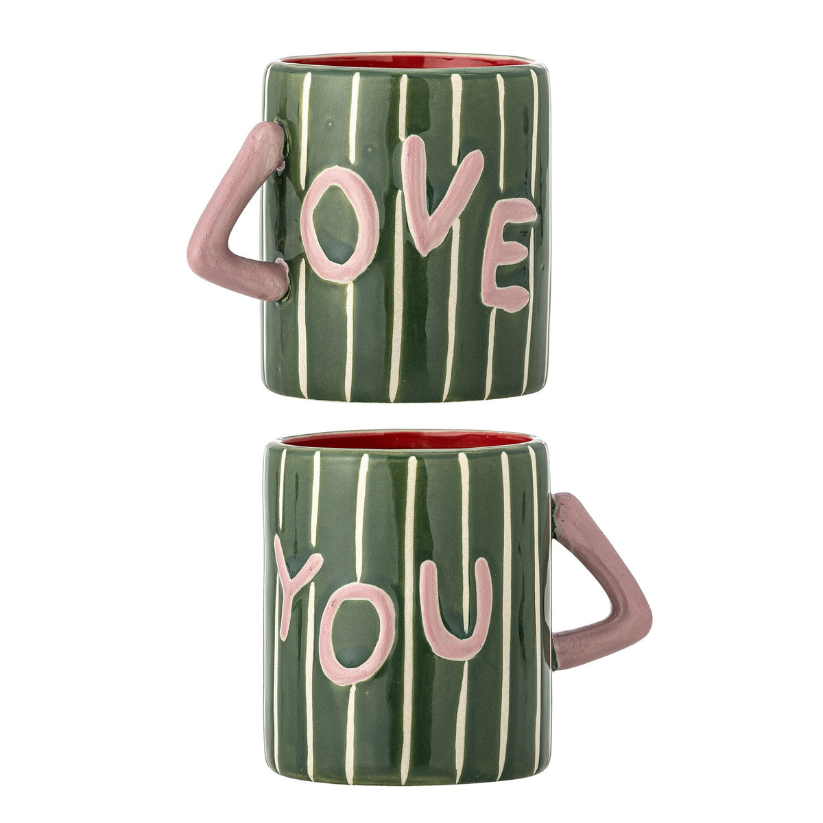 Grüner Steingut-Becher mit weissen Streifen, rosa Henkel und Schriftzug 'Love' auf einer Seite, handbemalt, Serie Cherish von Bloomingville.