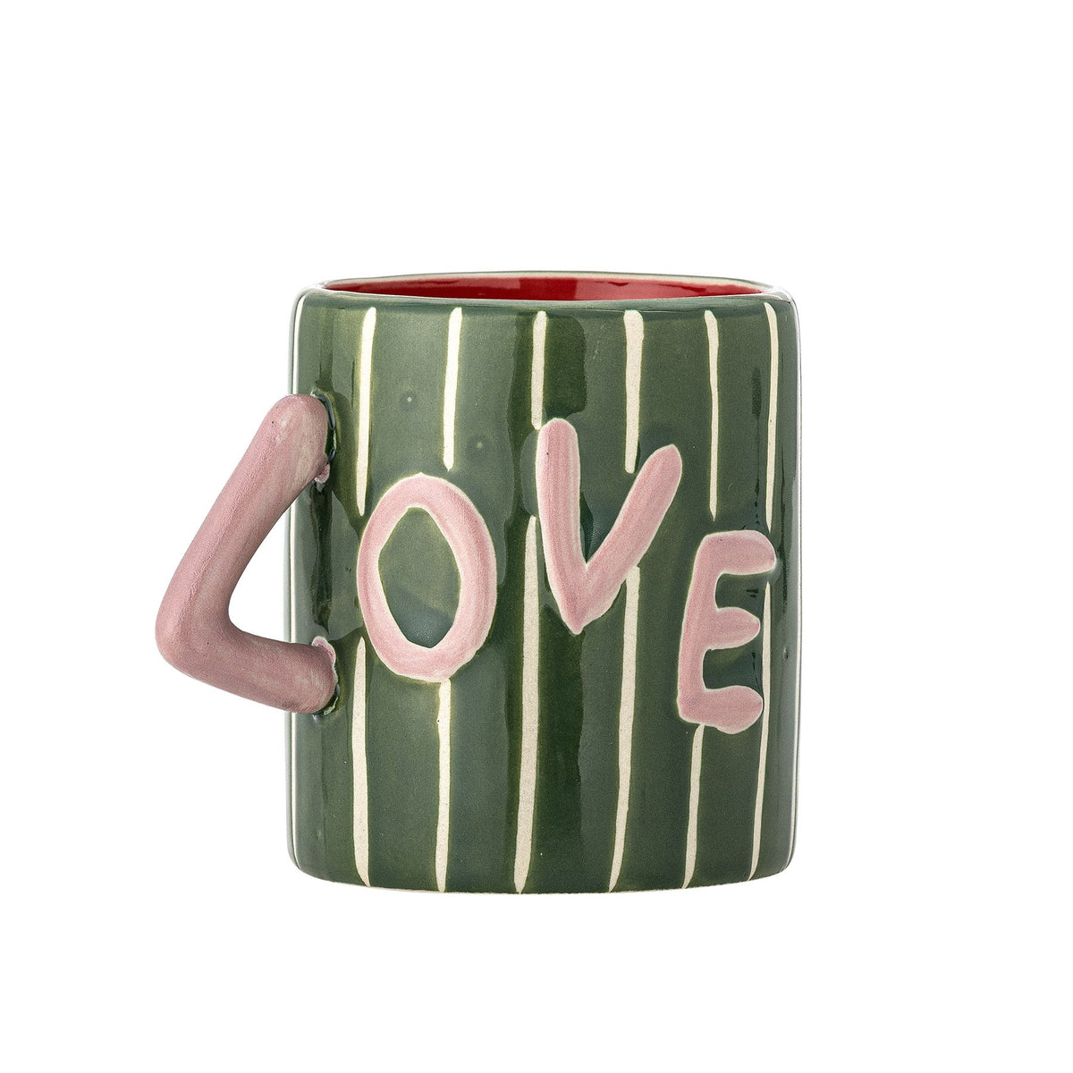 Grüner Steingut-Becher mit weissen Streifen, rosa Henkel und Schriftzug 'Love' auf einer Seite, handbemalt, Serie Cherish von Bloomingville.