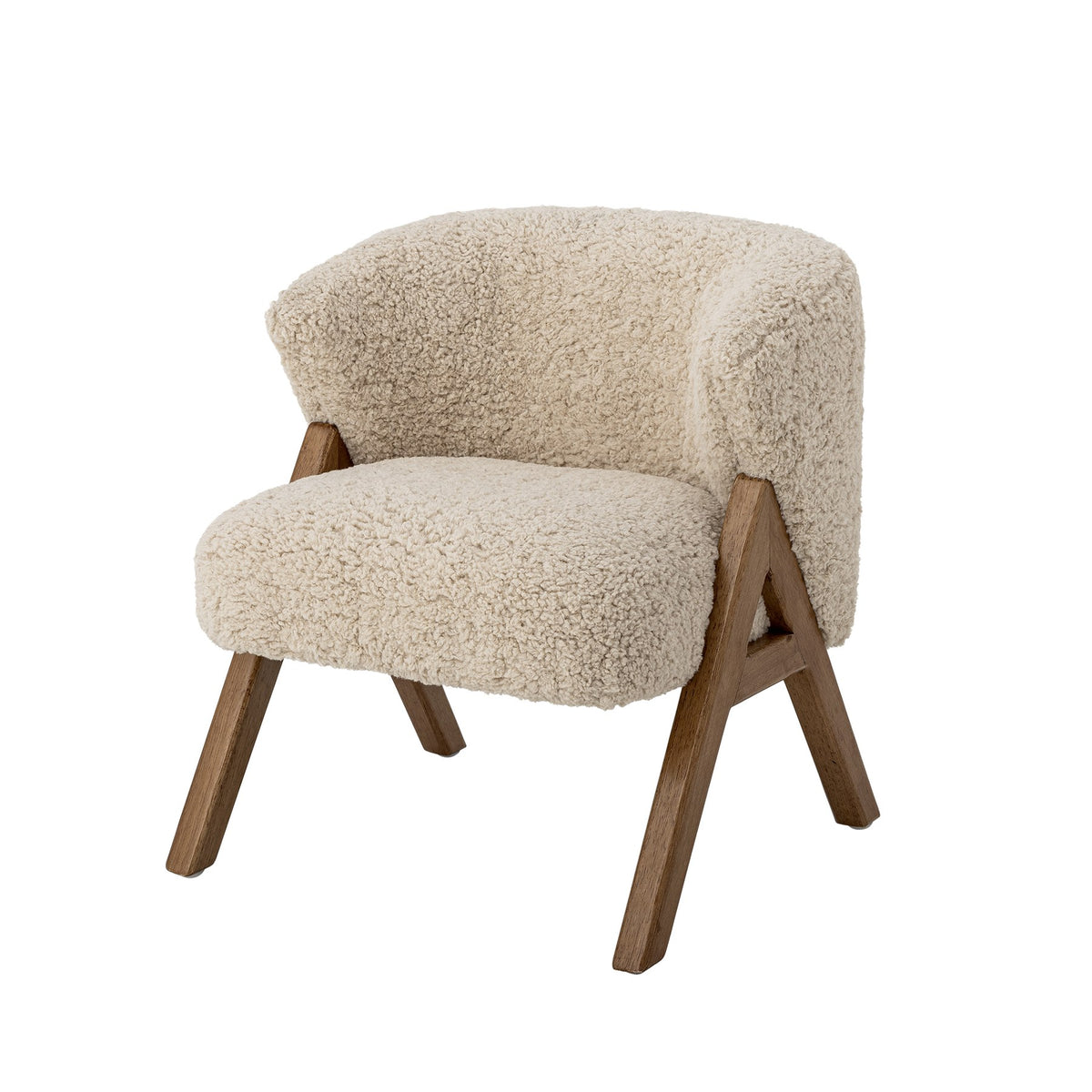 Camino Loungesessel von Bloomingville Mini in Natur, runde Form mit Teddy-Fleece-Bezug, Holzbeinen und Fusskappen.