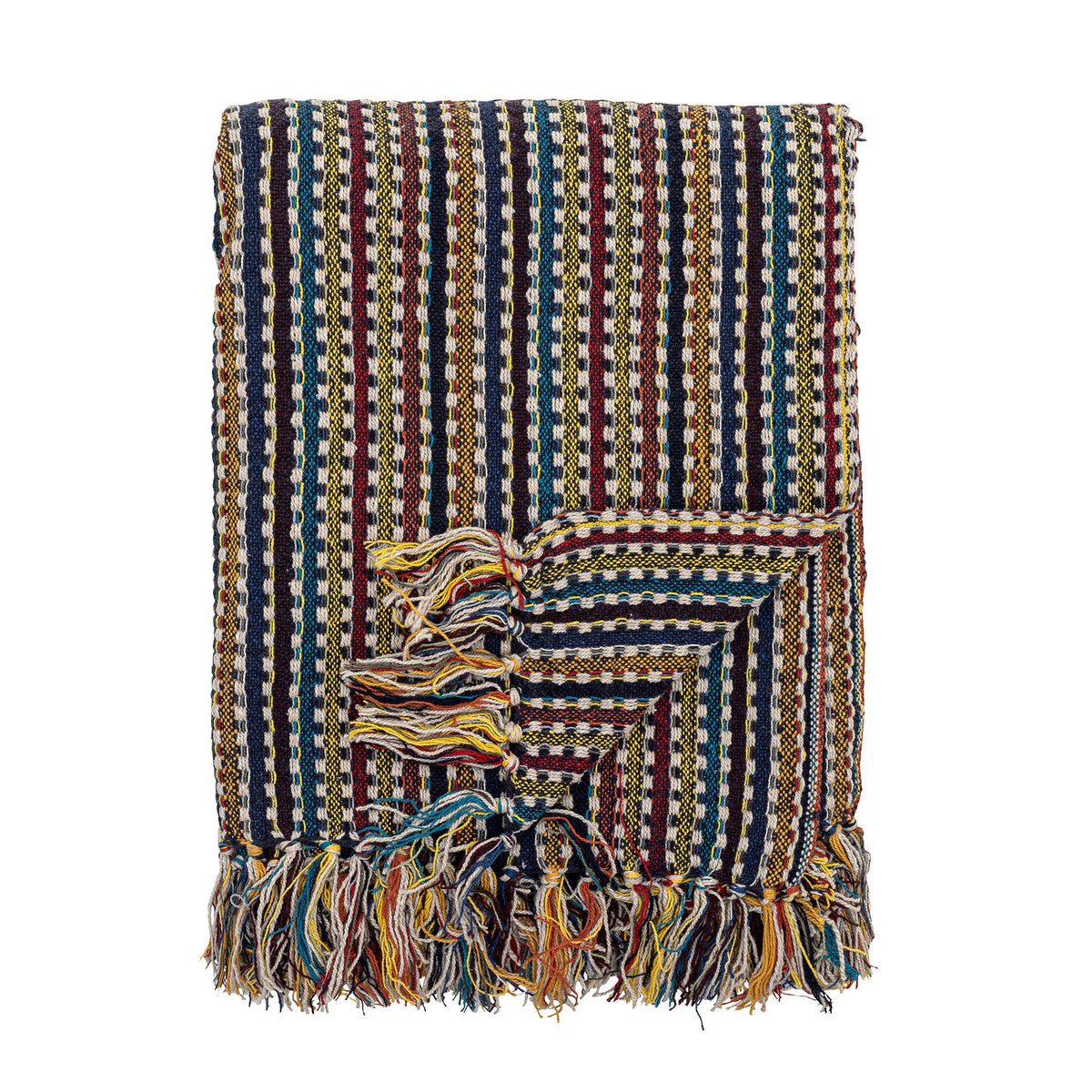 Blaue Lazzario Wolldecke von Bloomingville mit geflochtener Oberfläche und gestreiftem Muster, Mischgewebe, 160x130 cm, Boho-Chic Stil