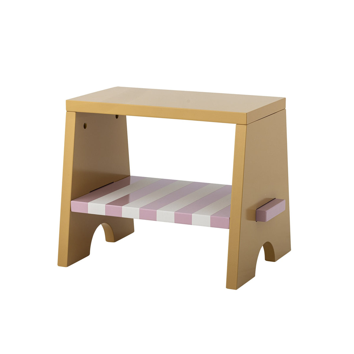 Liova Hocker von Bloomingville Mini aus lackiertem MDF, hellgelber Rahmen mit rosafarbenen Streifen auf der Sitzfläche, kleine Sitzgelegenheit.