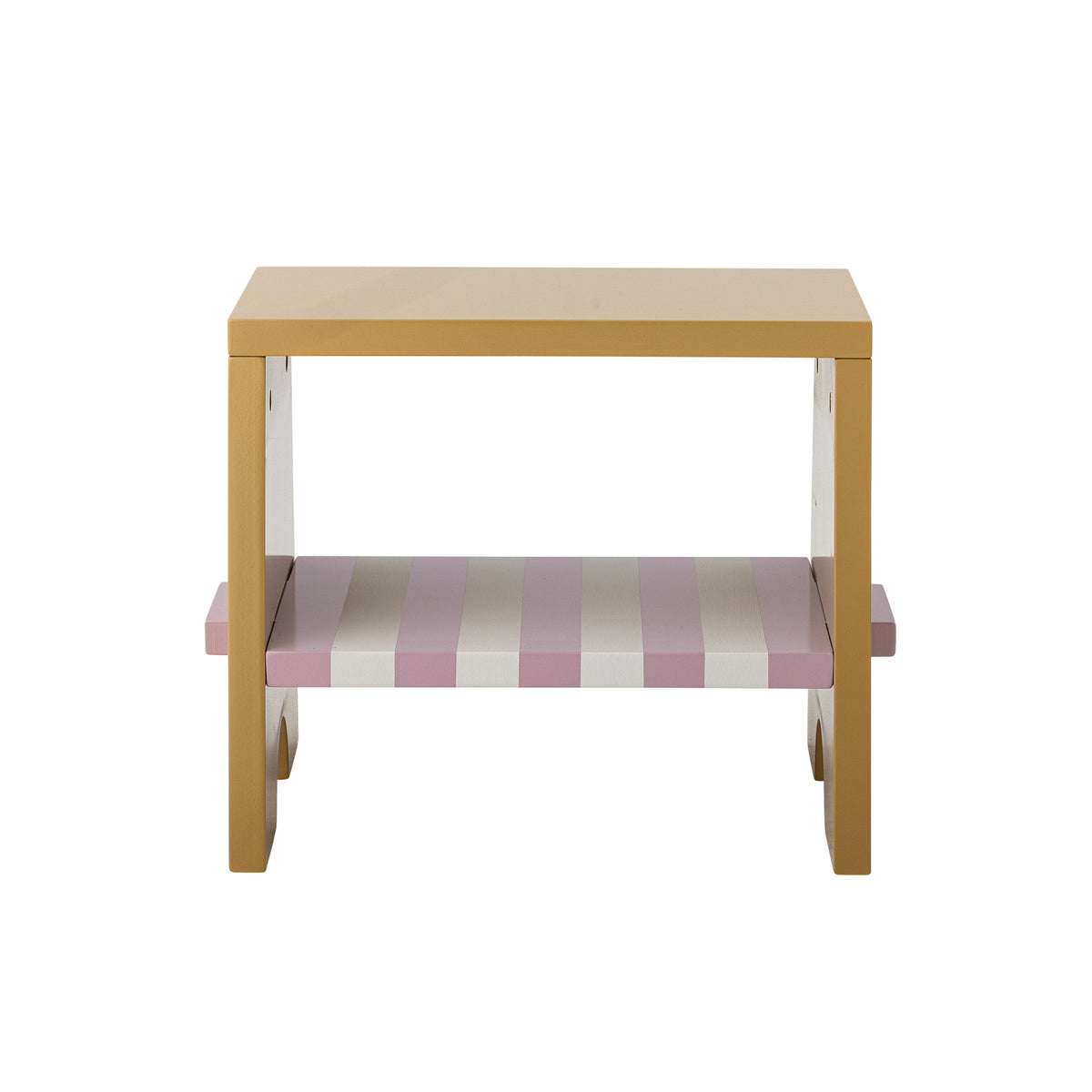 Liova Hocker von Bloomingville Mini aus lackiertem MDF, hellgelber Rahmen mit rosafarbenen Streifen auf der Sitzfläche, kleine Sitzgelegenheit.